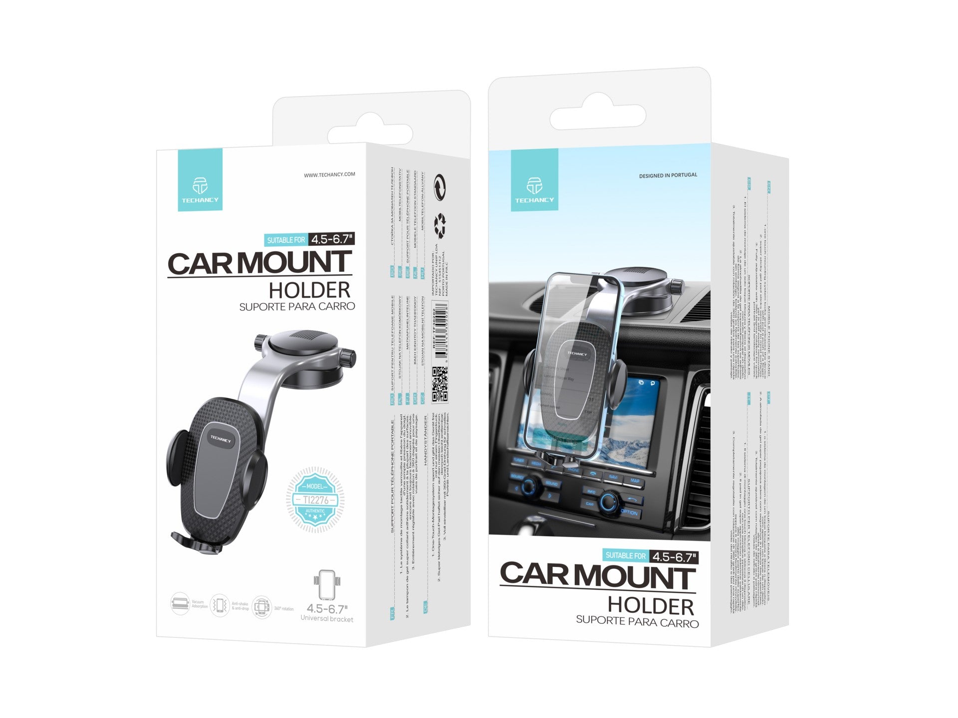 Suporte adesivo para telemóvel para carro Techancy, TI2276, interruptor de um toque, preto