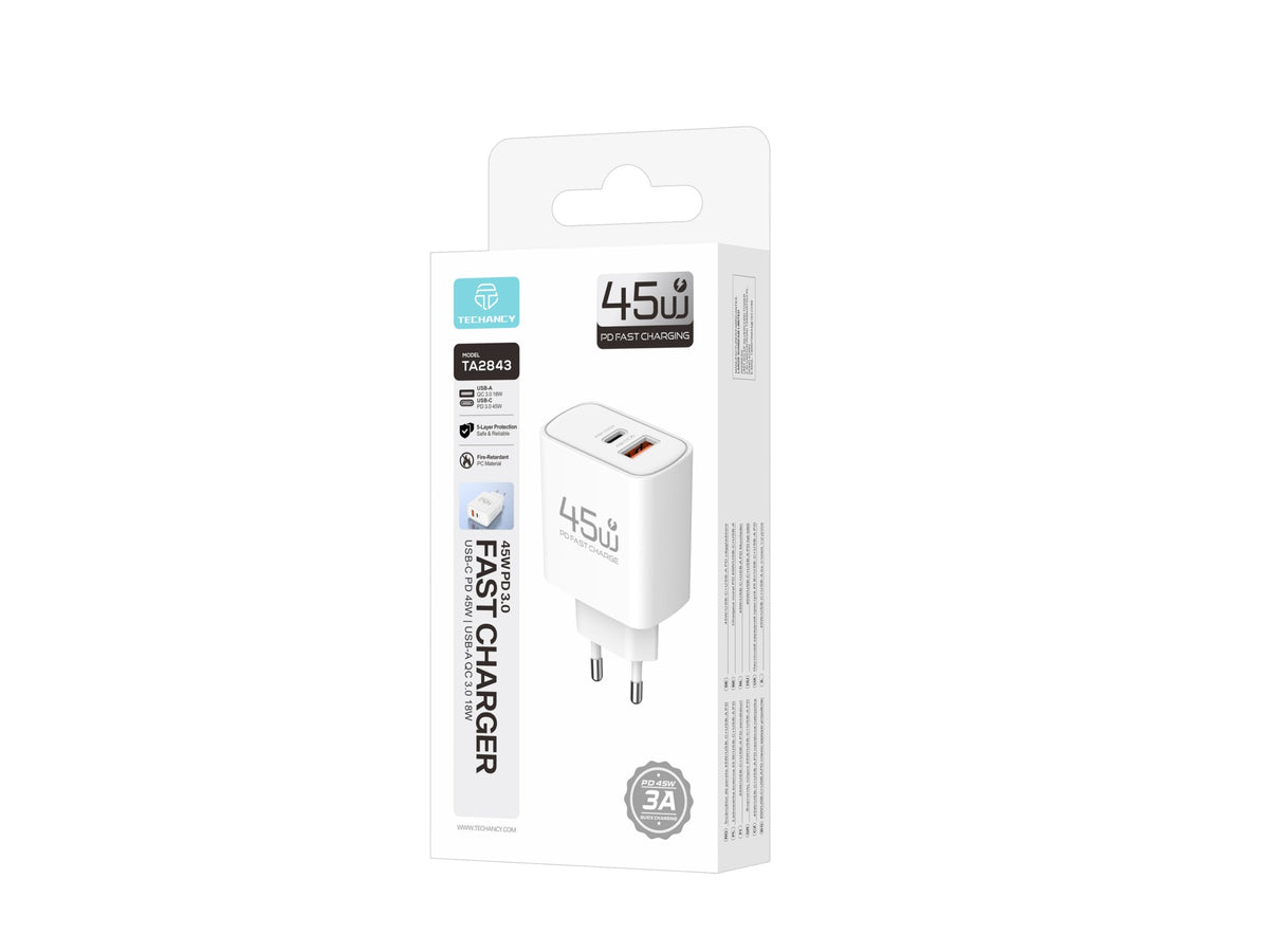 Carregador USB-C 45W TECHANCY TM02127, Carregamento Rapido PD 3.0 PPS, USB-A QC 3.0, 2 Portas, Ficha Europeia, Branco