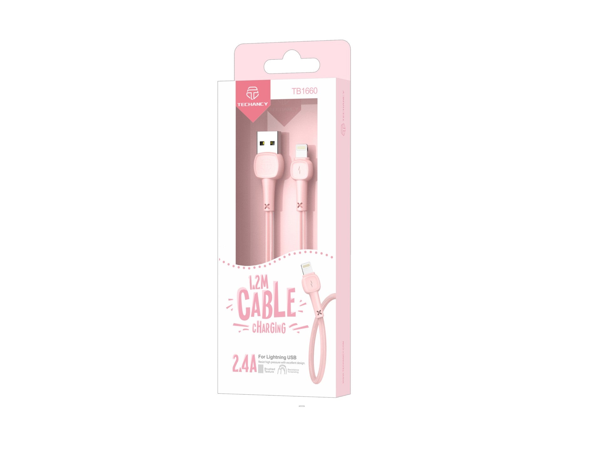 Techancy USB-Lightning Data Cable Pink TB1660, Fast Charging Macaron 2.4a, Length 1.2m, Compatible with iPhone/iPad