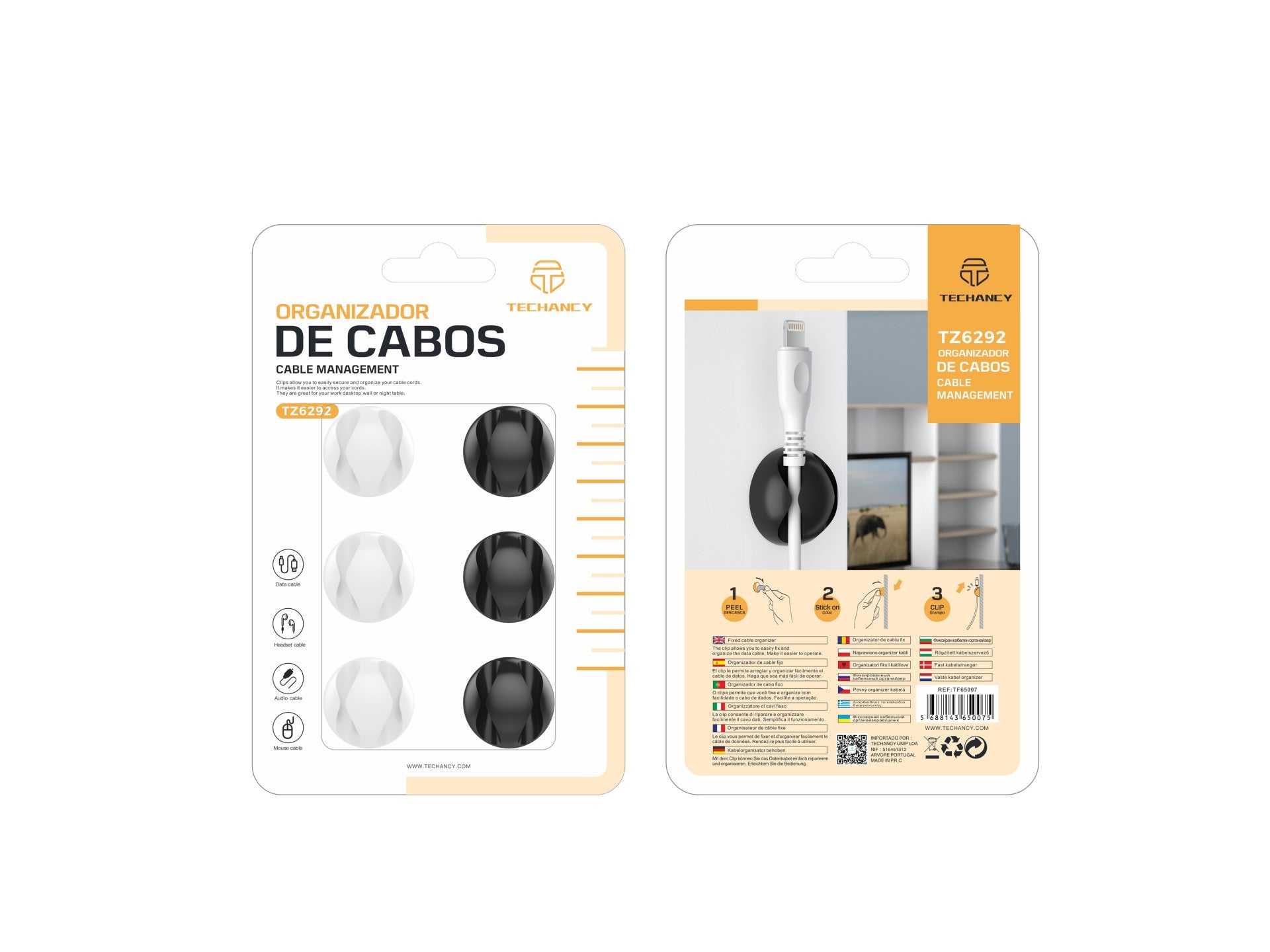 Soporte para cables Techancy TZ6292, paquete de 6, organizador de cables, blanco y negro