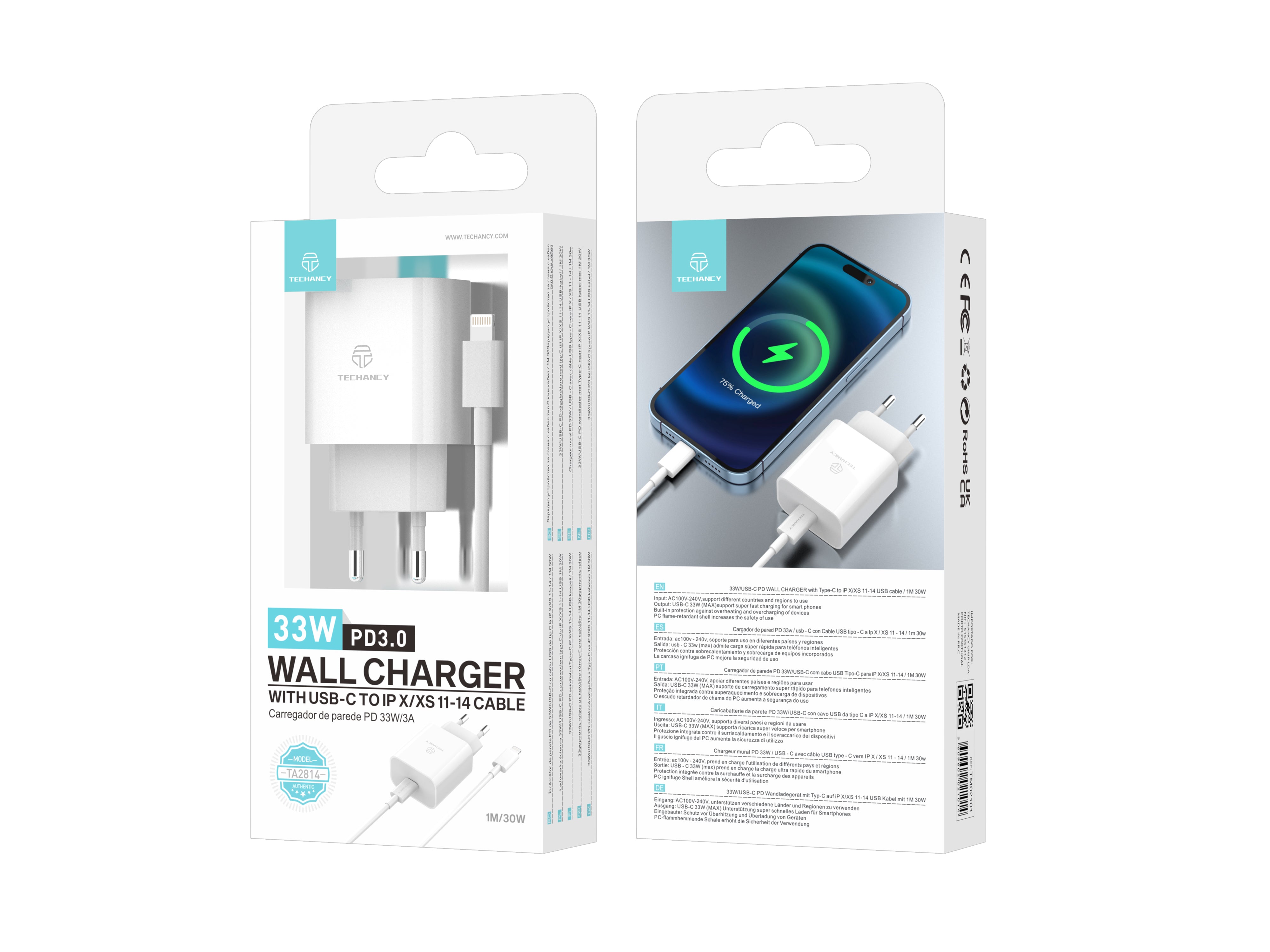 Techancy Carregador 33w Branco TA2814, Com Cabo Type-C Para Lightning 1m/30w Pd De Carregamento Rápido