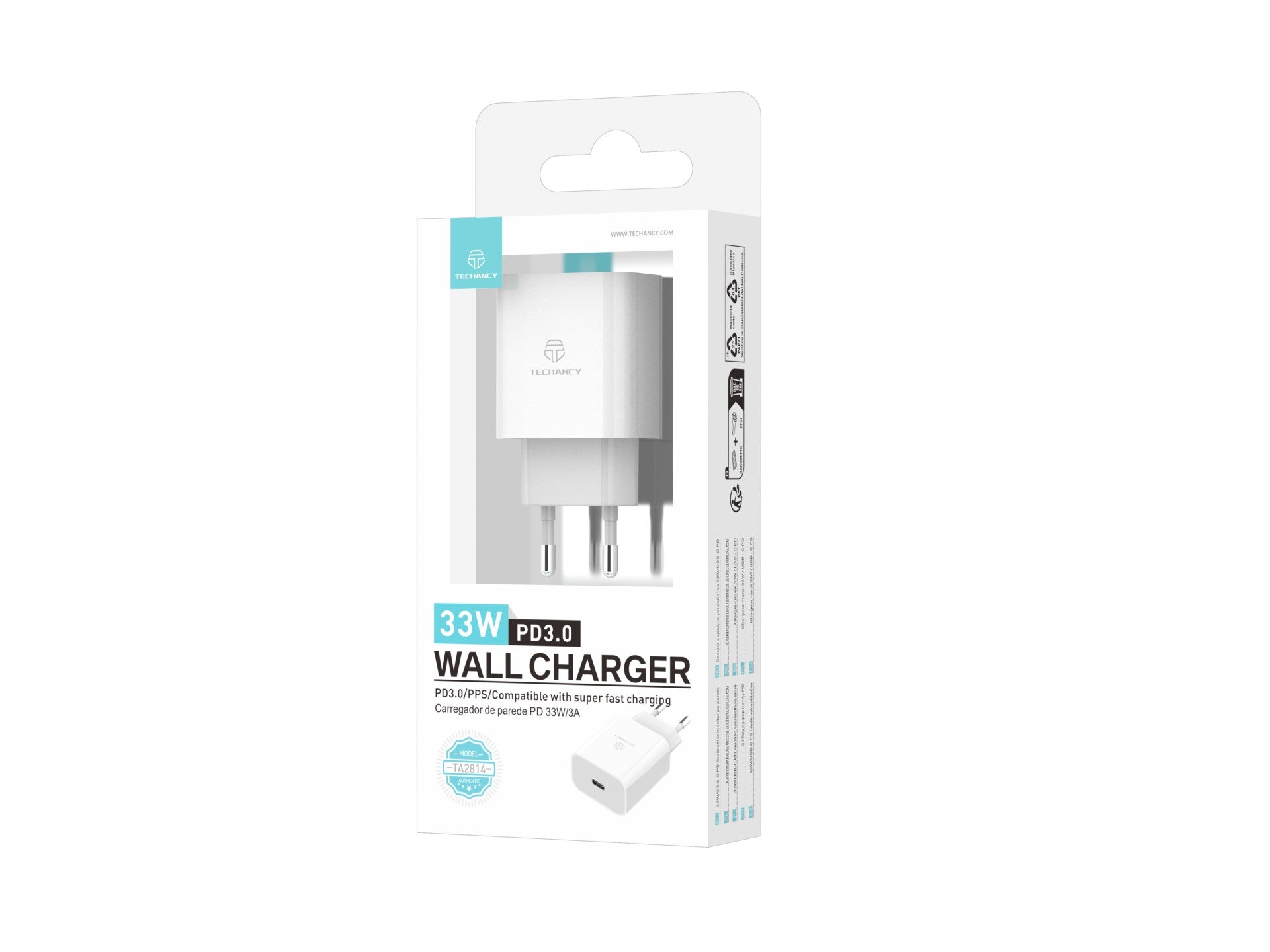 Techancy Carregador De Saída Usb-C 33w TA2814, Carregamento Rápido PD3.0, Compatível Com Vários Smartphones Branco