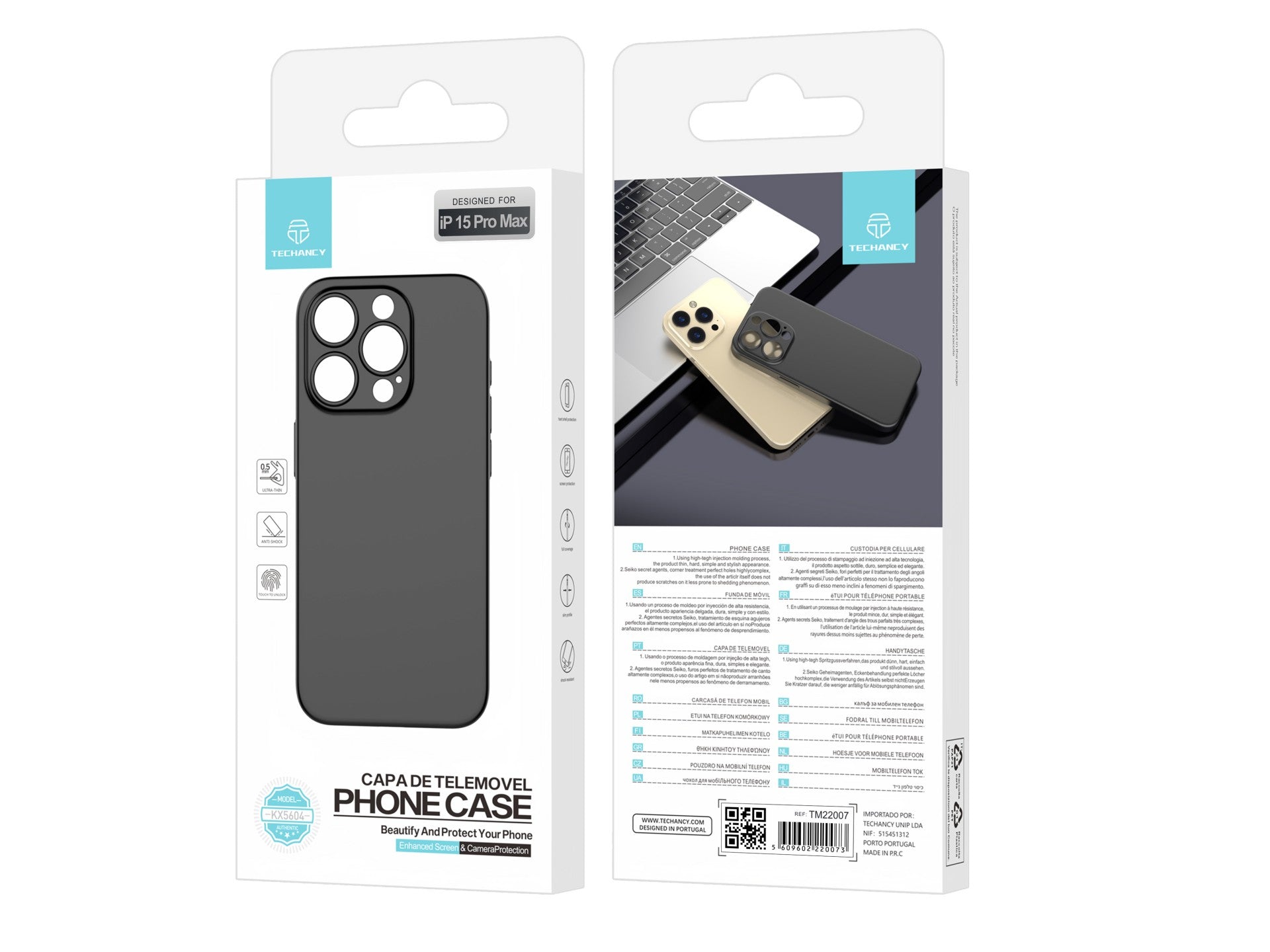 Techancy Capa Para Telemóvel Ultra Fina Preta KX5604, Compatível Com O Telemóvel Iphone 15 Pro Max, Material Pp De 0,5 Mm.