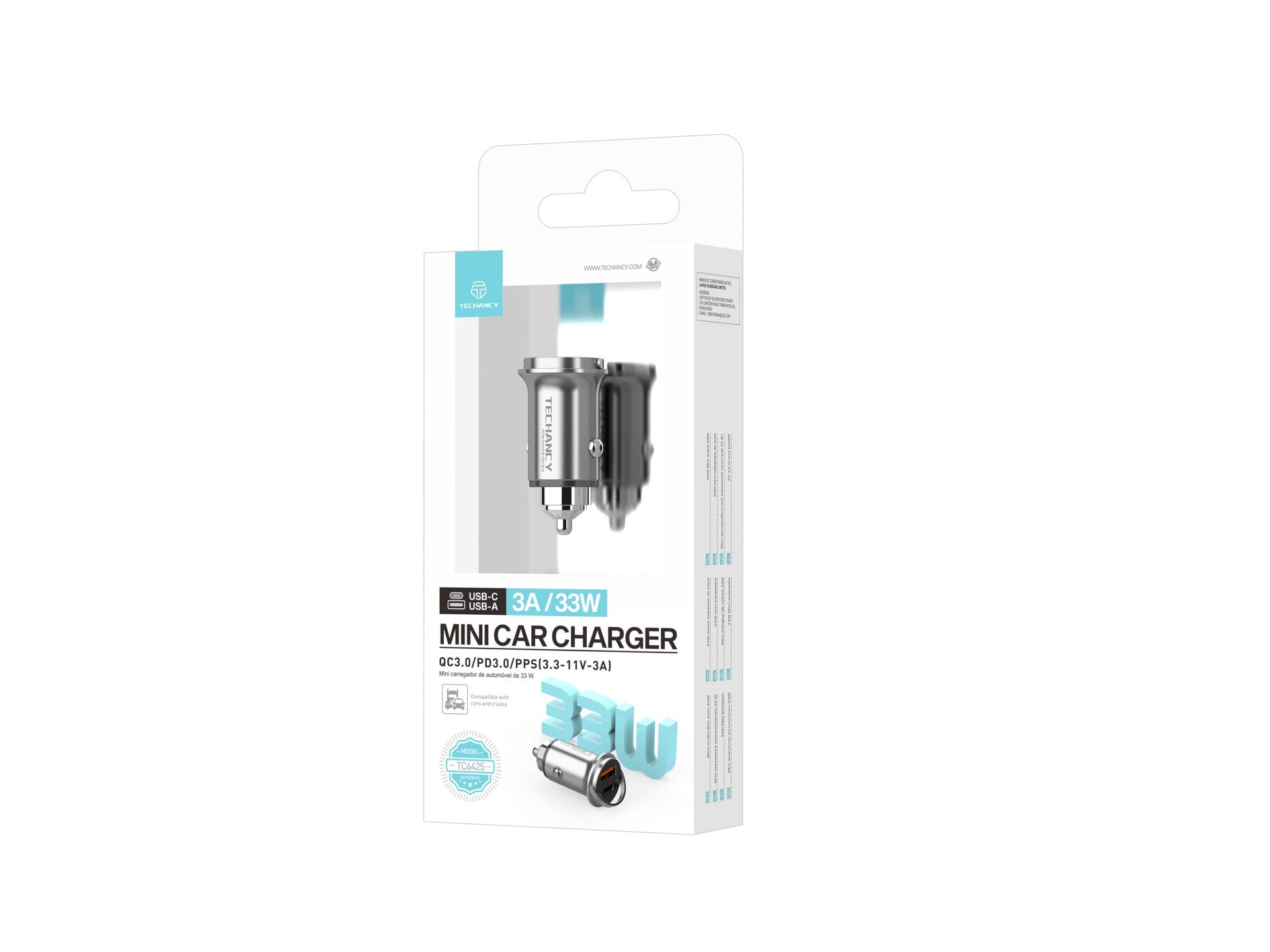 Techancy Mini Carregador TC6425, 33W, USB-A+USB-C, Liga de AlumInio, CompatIvel com Carros, Design Seguro e Confiavel