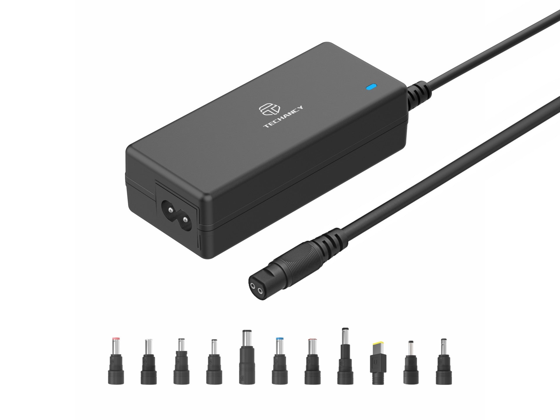 Techancy Adaptador de energia universal TL7344 para laptops, com potência de 90W, 11 conectores e proteções contra sobrecorrente e sobretensão