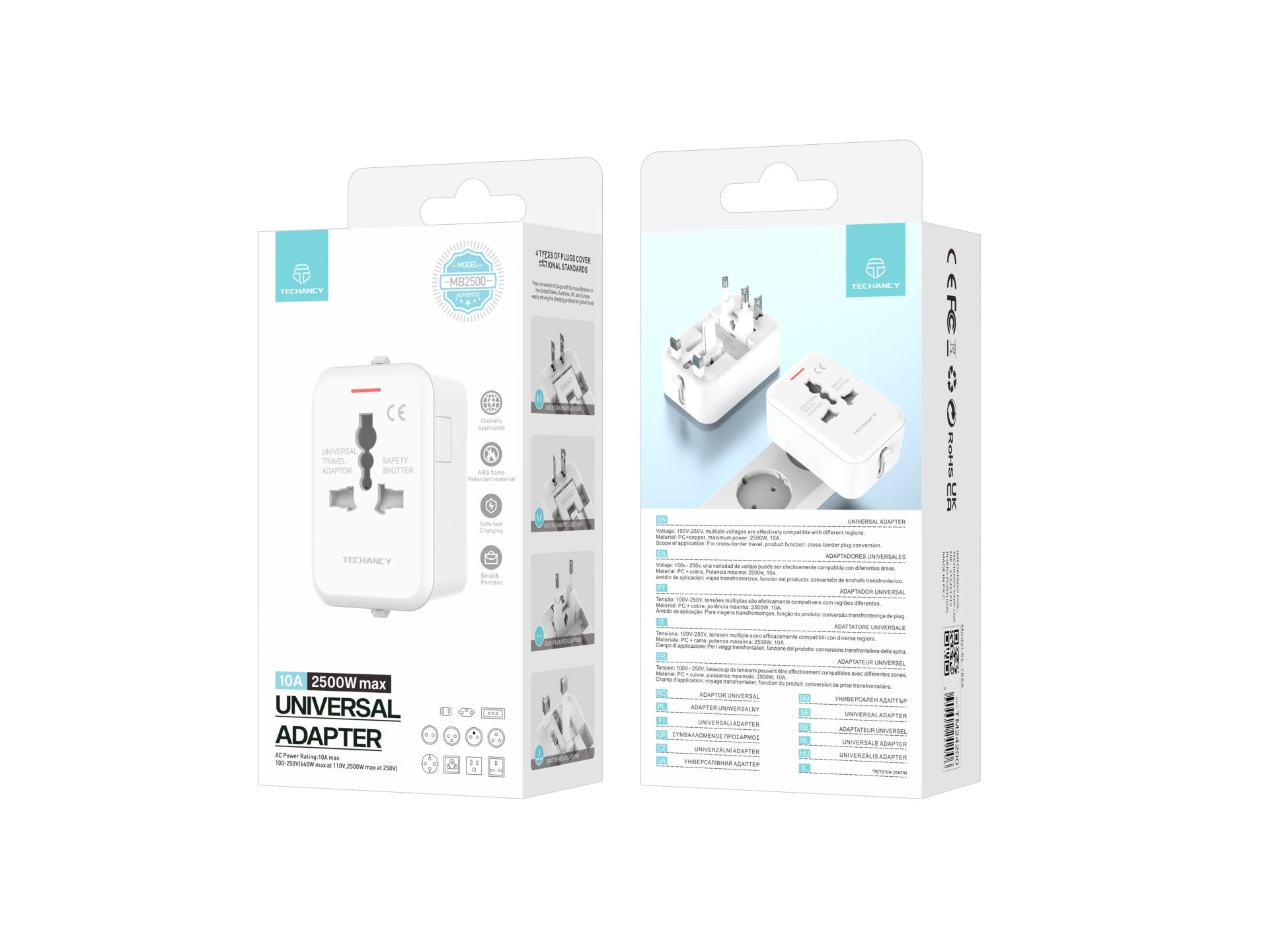 Techancy Adaptador Universal De Viagem Branco MB2500, 2500 W (Máx.) Função De Conversão De Ficha De Viagem Transfronteiriça