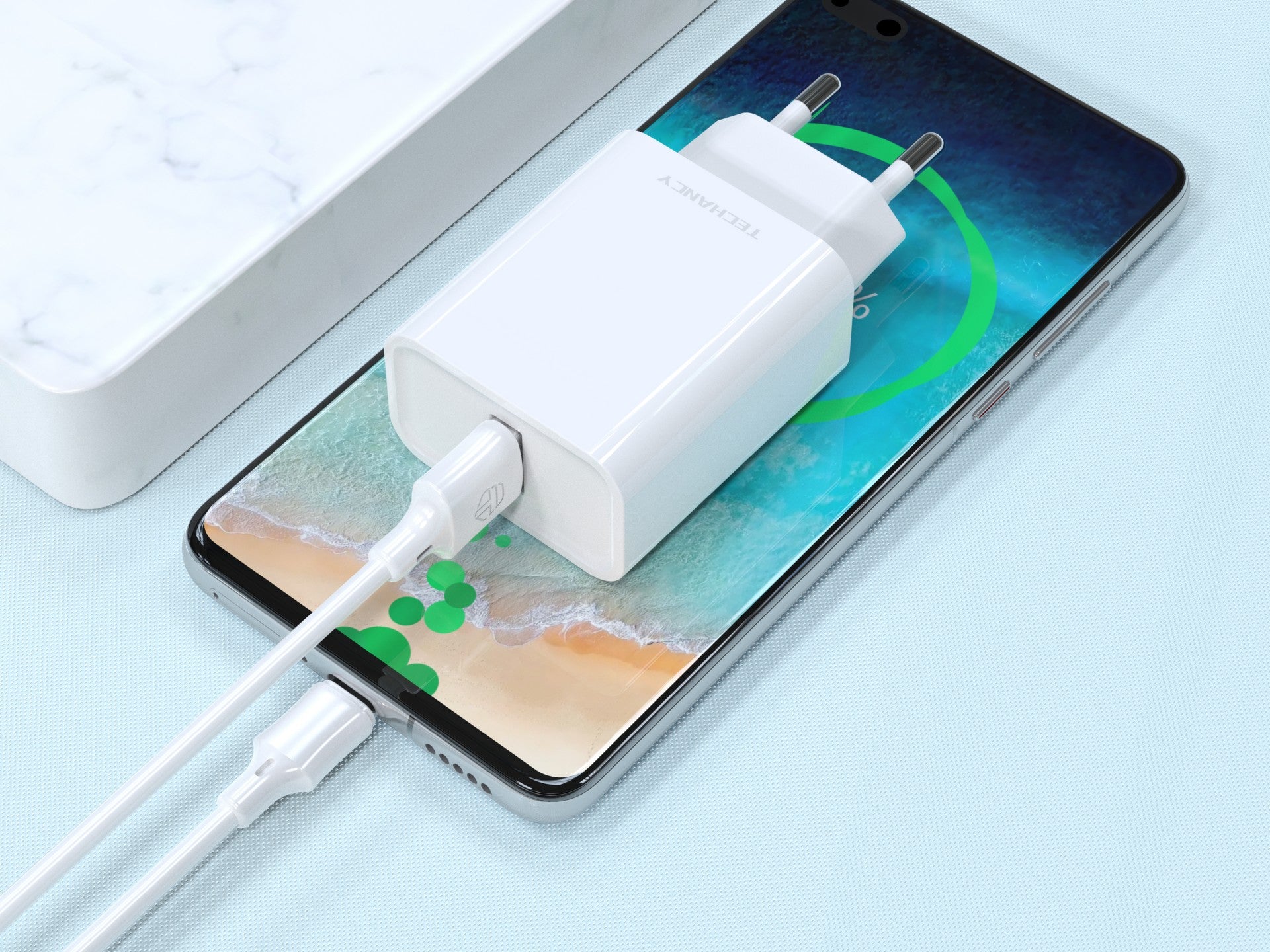 Techancy Carregador Qc3.0 18w Branco TA2803,Kit De Cabos Usb Type-C 3.0a,Compatível Com Samsung,Xiaomi,Huawei,Etc.,