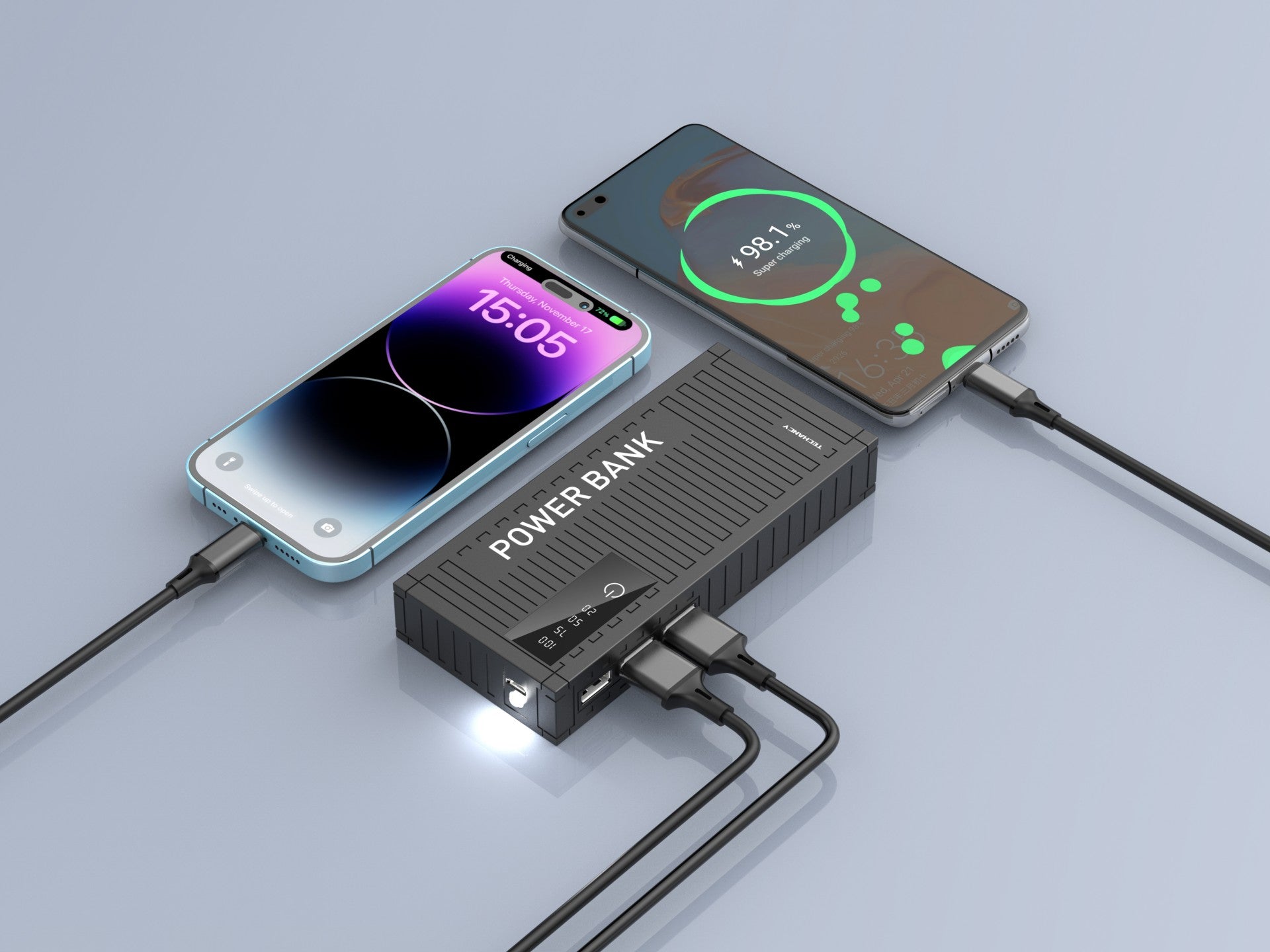 Techancy 5000mah Power Bank Preto TF2780,Carregamento Rápido De 2A,3 Saídas Usb Para Telemóvel/Tablet.