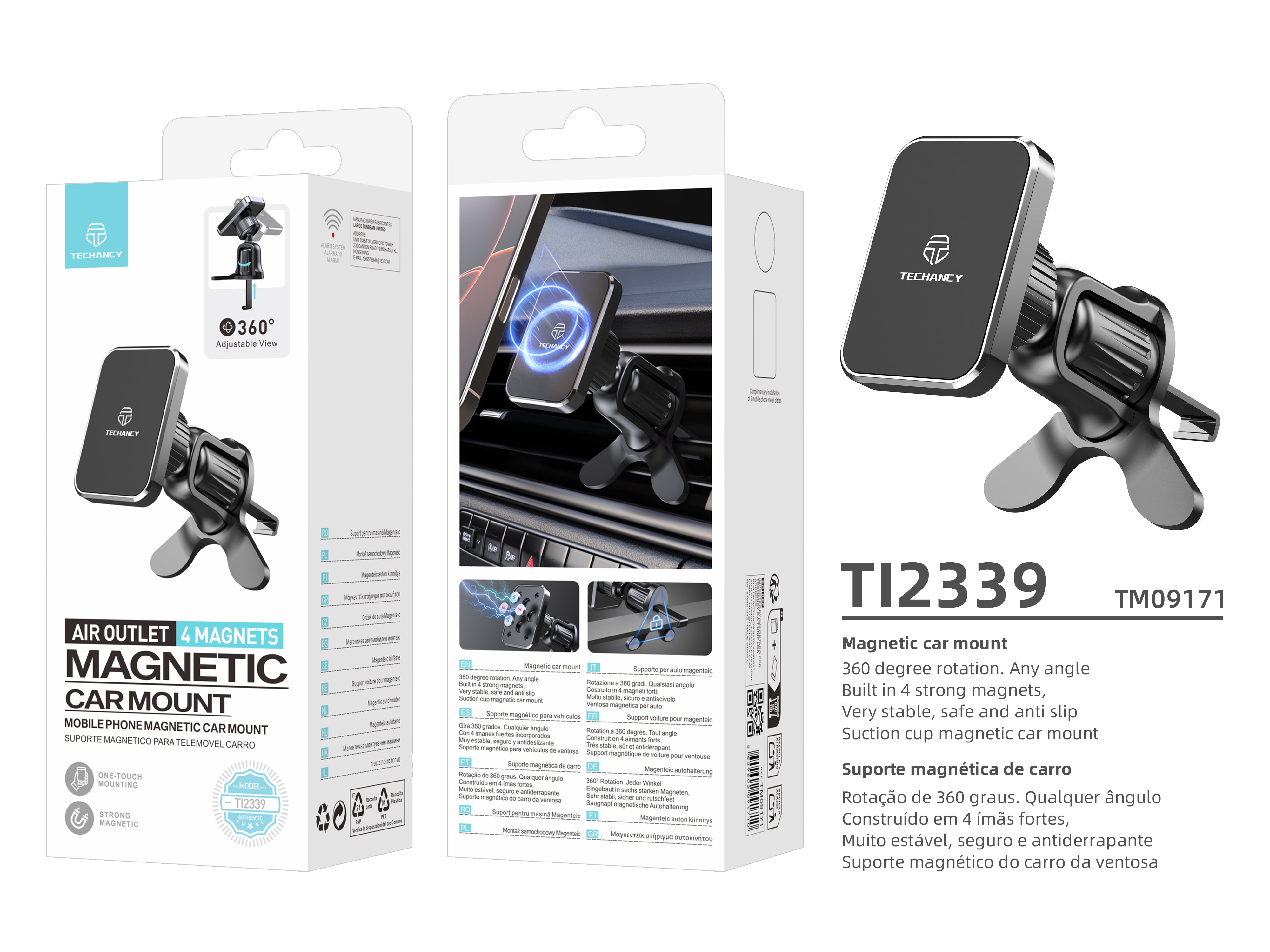 Techancy Suporte magnetico carro TI2339 encaixe grelha 360 graus forte e estavel para telemovel Preto