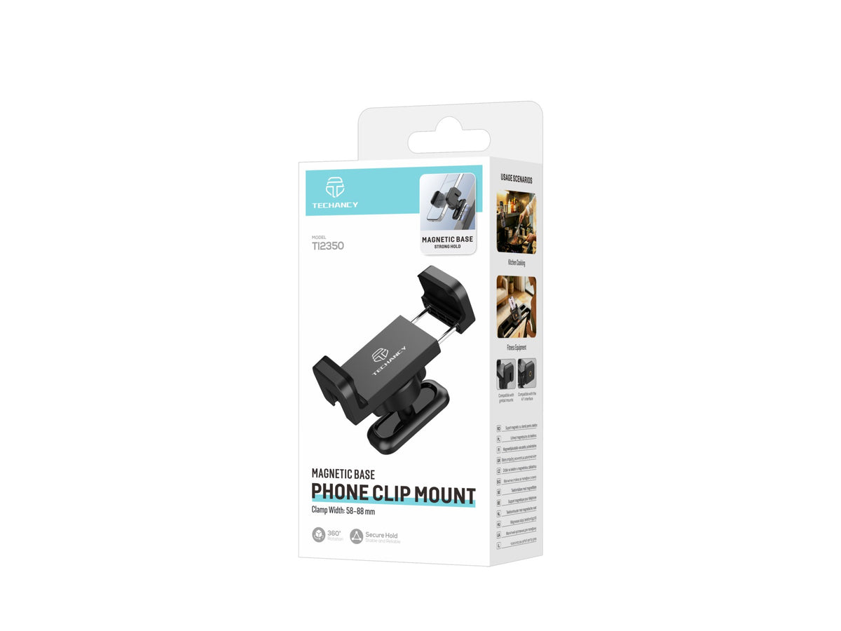 Suporte com Clip para Telemovel Techancy TI2350, 58-88mm, Base Magnetica N52, Rotacao 360 Graus, Multiusos, Preto