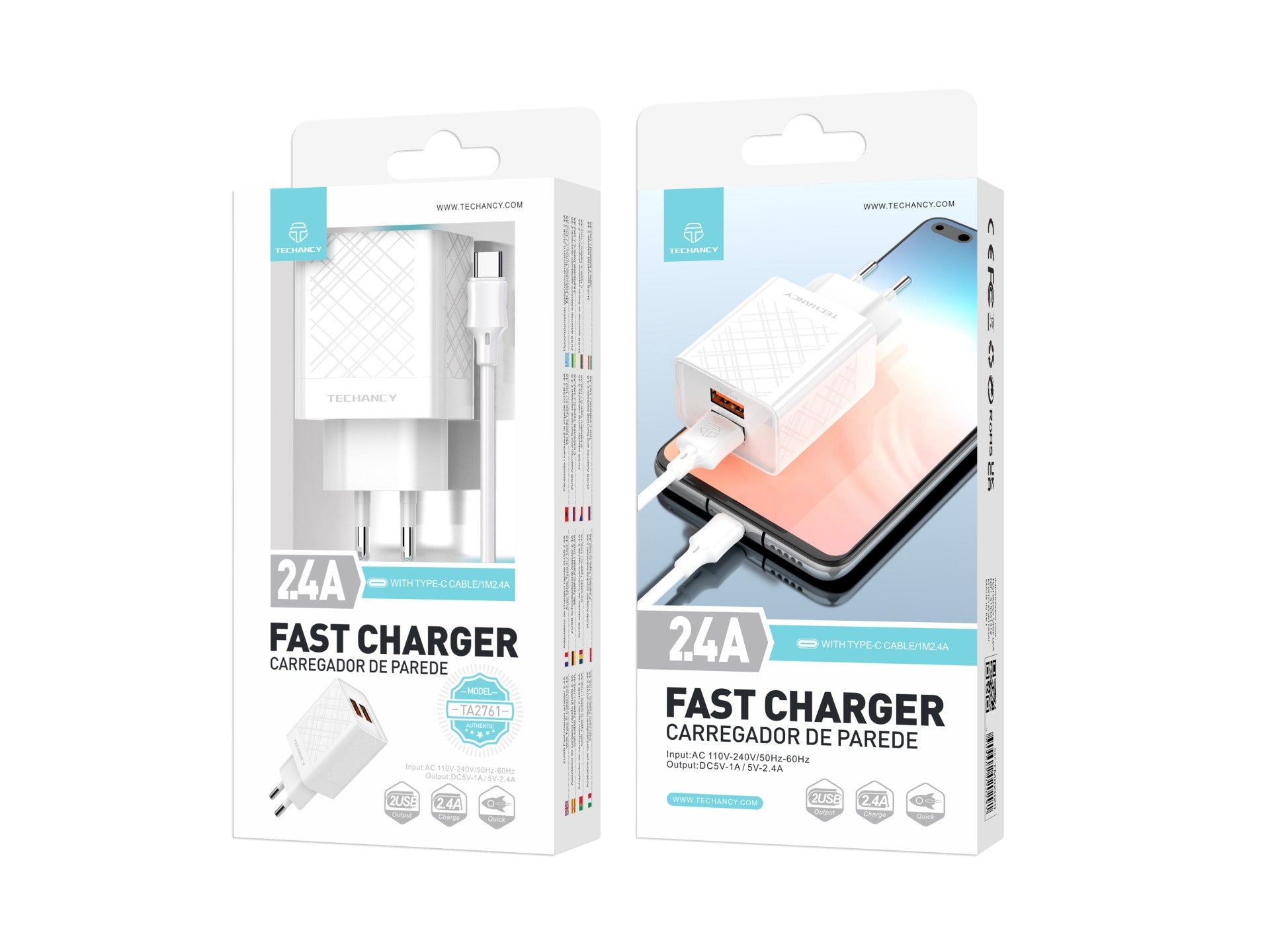 Cargador USB blanco Techancy 2,4 A TA2761, kit de cable USB TIPO C, 1 m 2,4 A, chip inteligente incorporado.