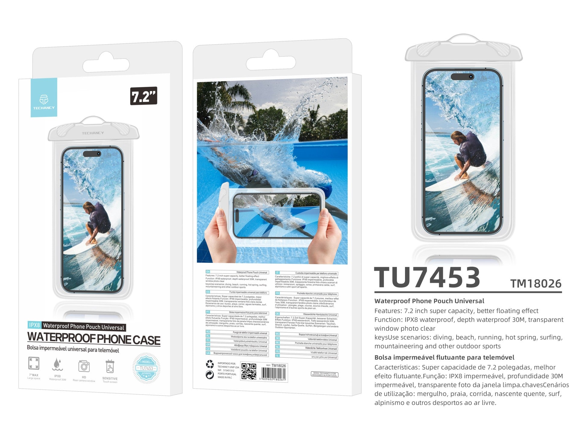 Funda para celular Techancy , impermeable, blanca, TU7453. Capacidad extra grande de 7.2 pulgadas y certificación IPX8.