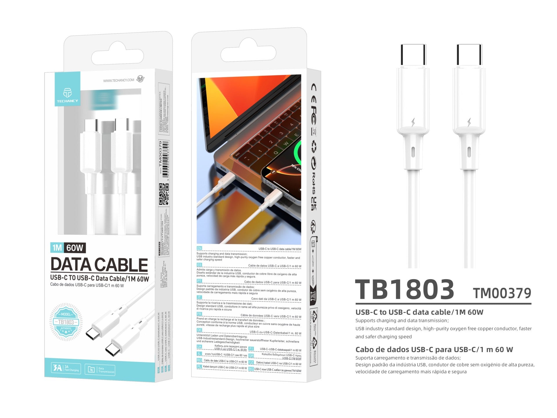 Techancy Cabo USB C para USB C TB1803 1m 60W Carregamento rapido e dados para Telemovel Tablet Portatil Branco