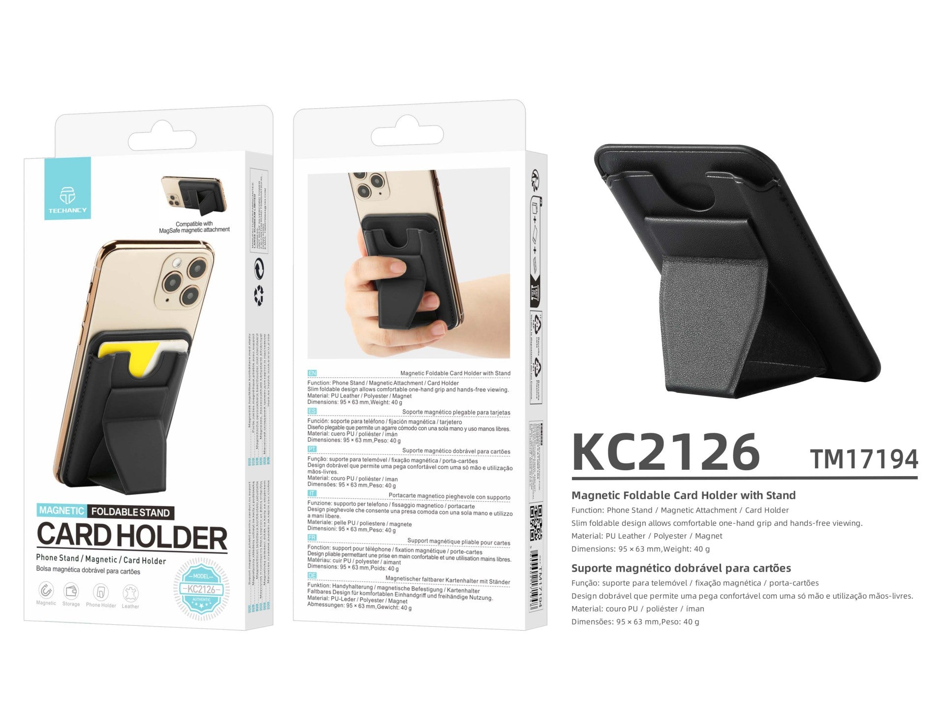 Techancy Porta Cartoes Magnetico KC2126 Suporte Dobrável Compativel com MagSafe Carteira para iPhone Preto