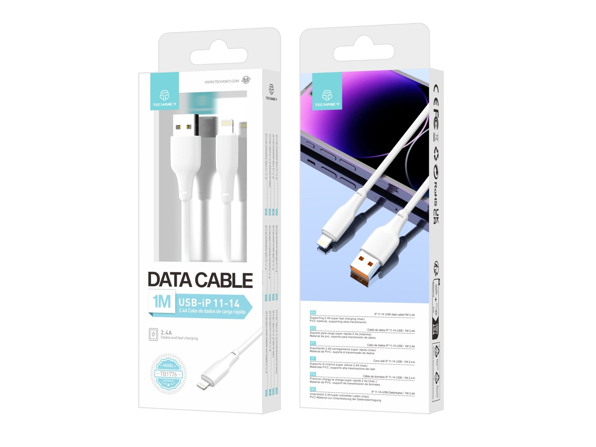 Techancy Cabo Usb-Lightning Branco 1m TB1776,Carregamento Rápido 2.4a, Suporta Transmissão De Dados, Material Pvc