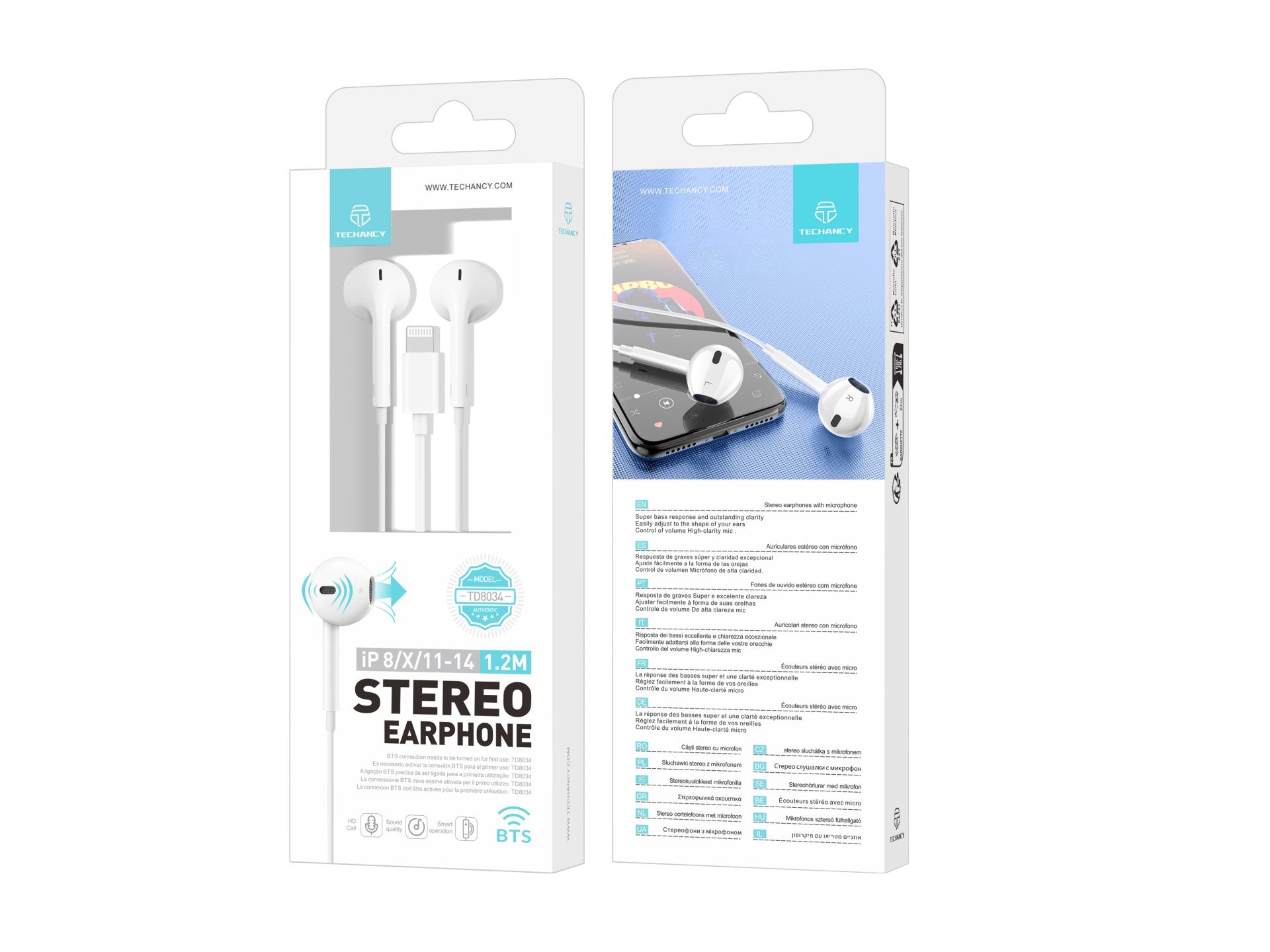 Techancy Fones De Ouvido TD8034 ,Estéreo Para Iphone 8/X/11-14, Branco, Com Microfone, Graves Potentes E Controle De Volume