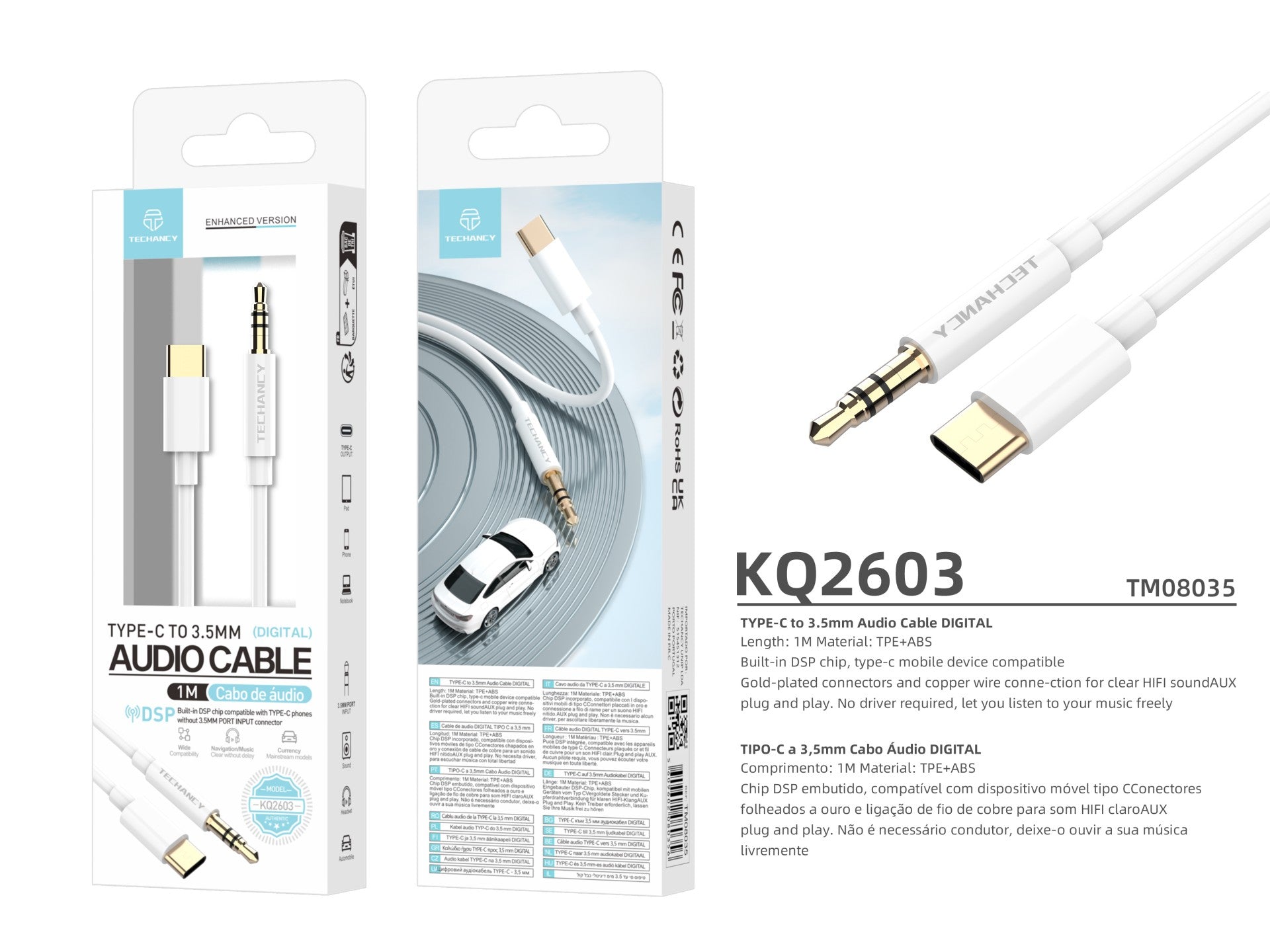 Techancy Automotive Aux Audio Cable KQ2602, Tipo-C Para 3,5 Mm, 1 Metro, Qualidade De Som Hifi,Branco