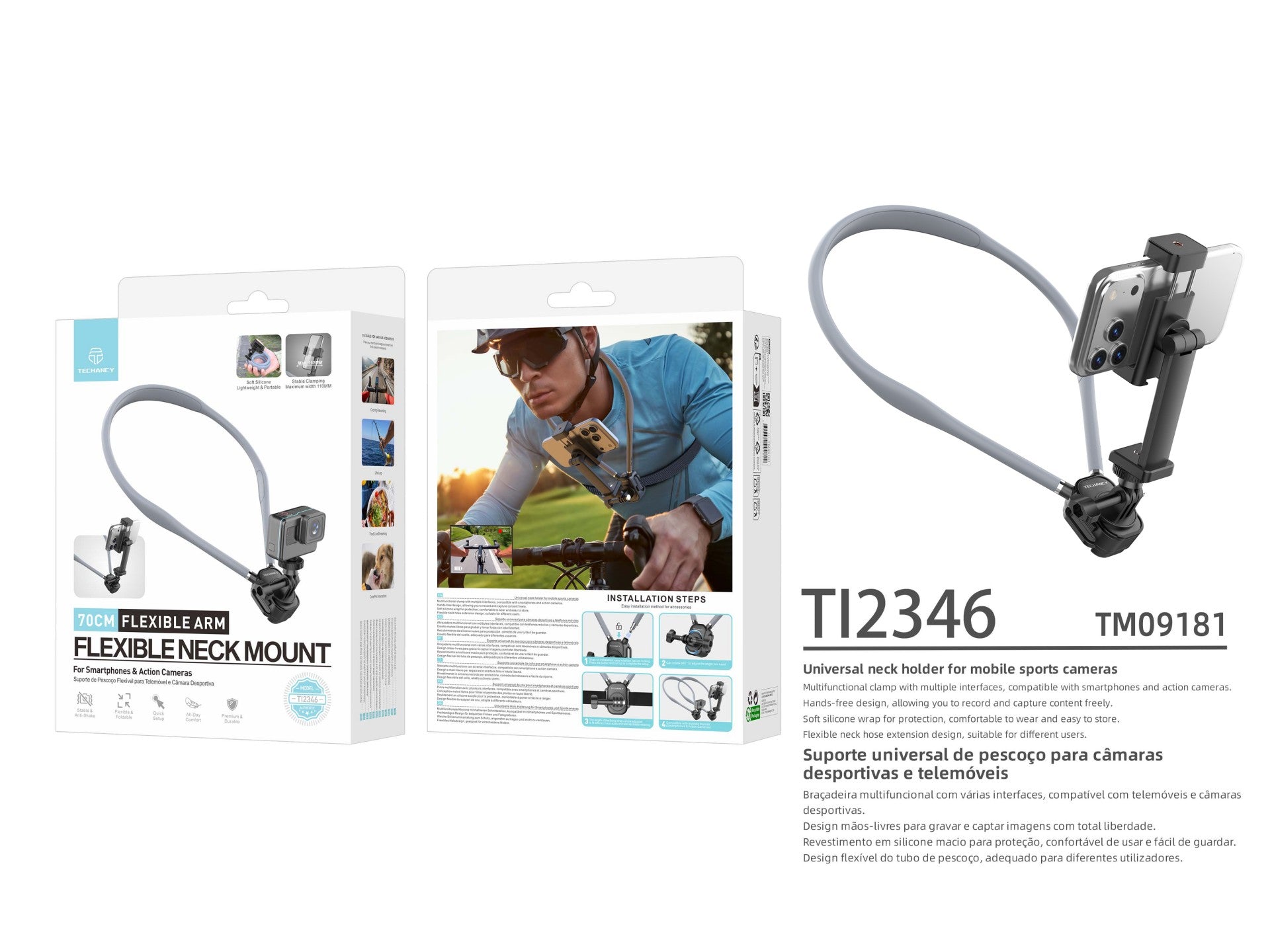 Soporte para el cuello Techancy TI2346 para cámaras y teléfonos móviles con brazo flexible de 70 cm, manos libres, color gris.