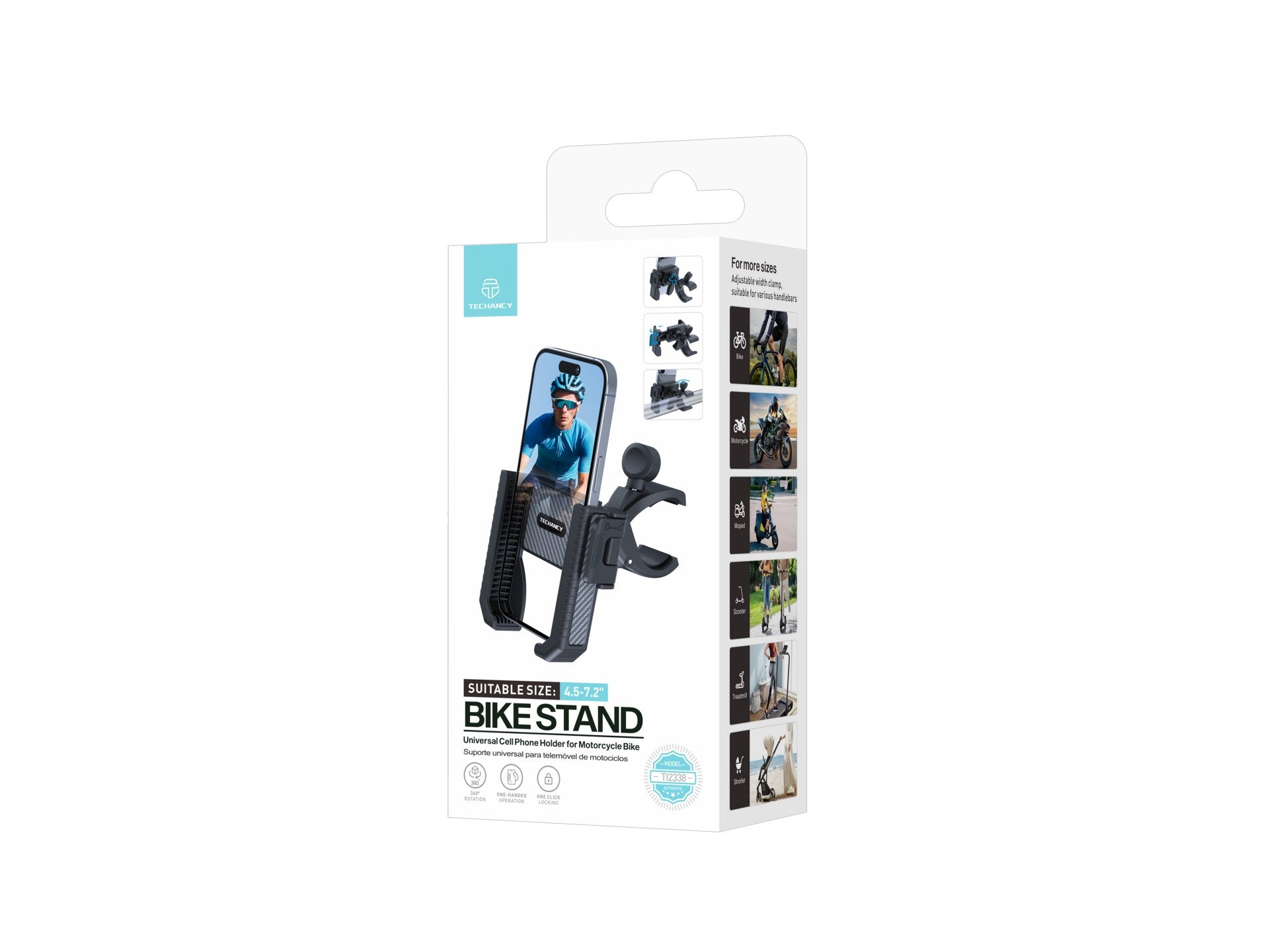 Techancy TI2338 Universal Mobile Phone Holder, Compatible with Bicycle/Motorcycle, 4.5-7.2 Inches, ABS+Silicone, Black
