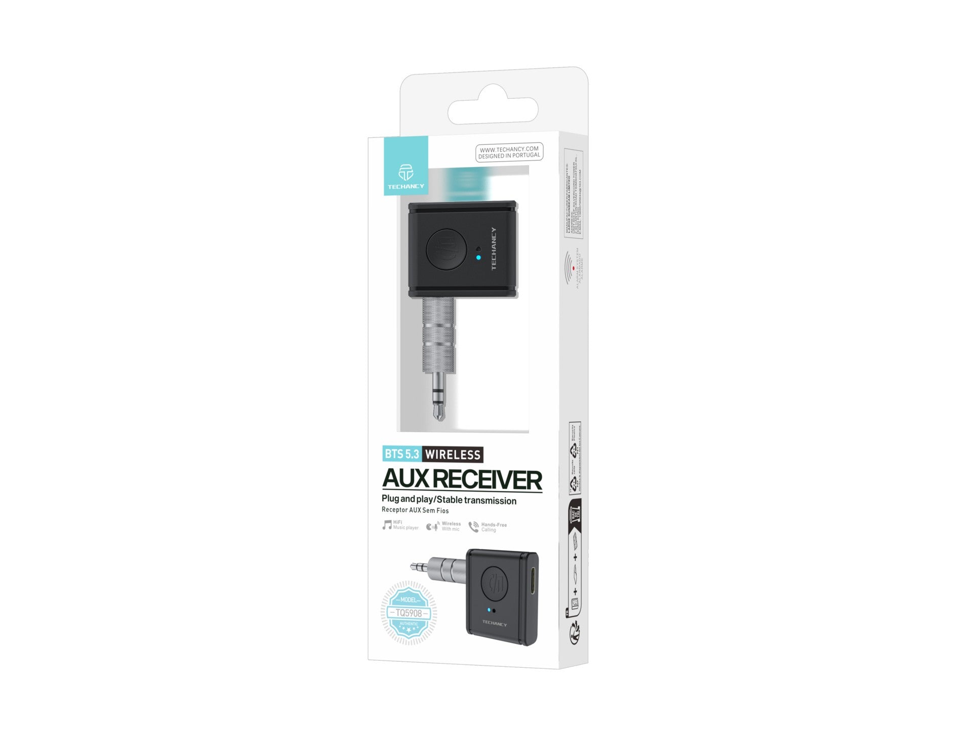 Techancy Receptor AUX Sem Fios TQ5908 Bluetooth 5.3, Audio Carro, Som Casa, Auriculares, Compacto e Portatil