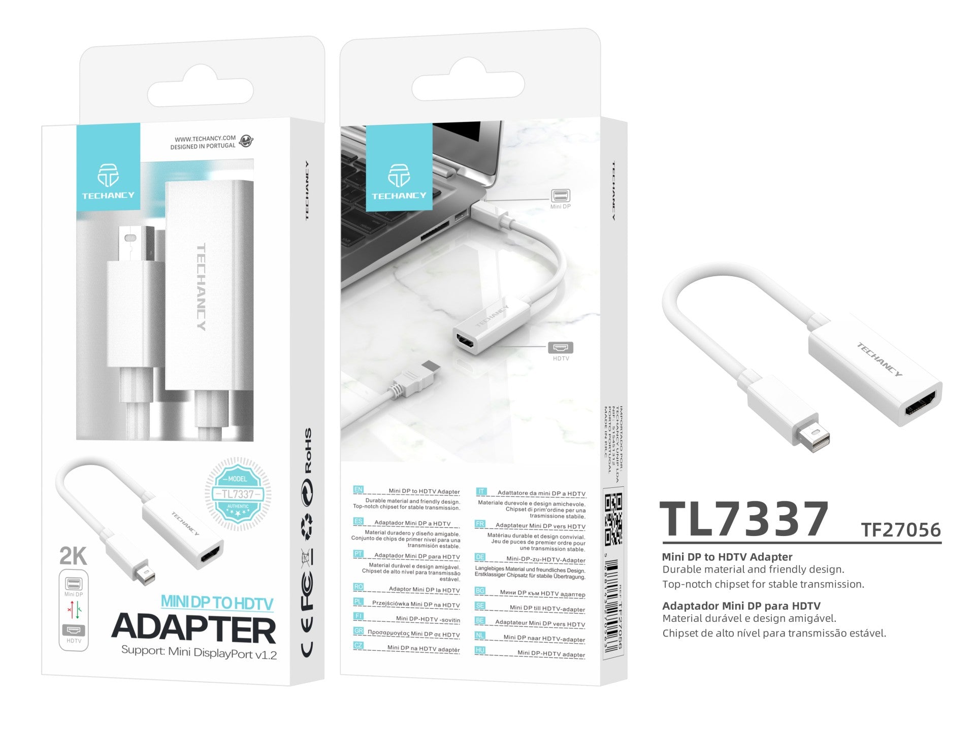 Adaptador de vídeo Techancy Mini DP para HDTV, TL7337, transmissão 2K HD, branco