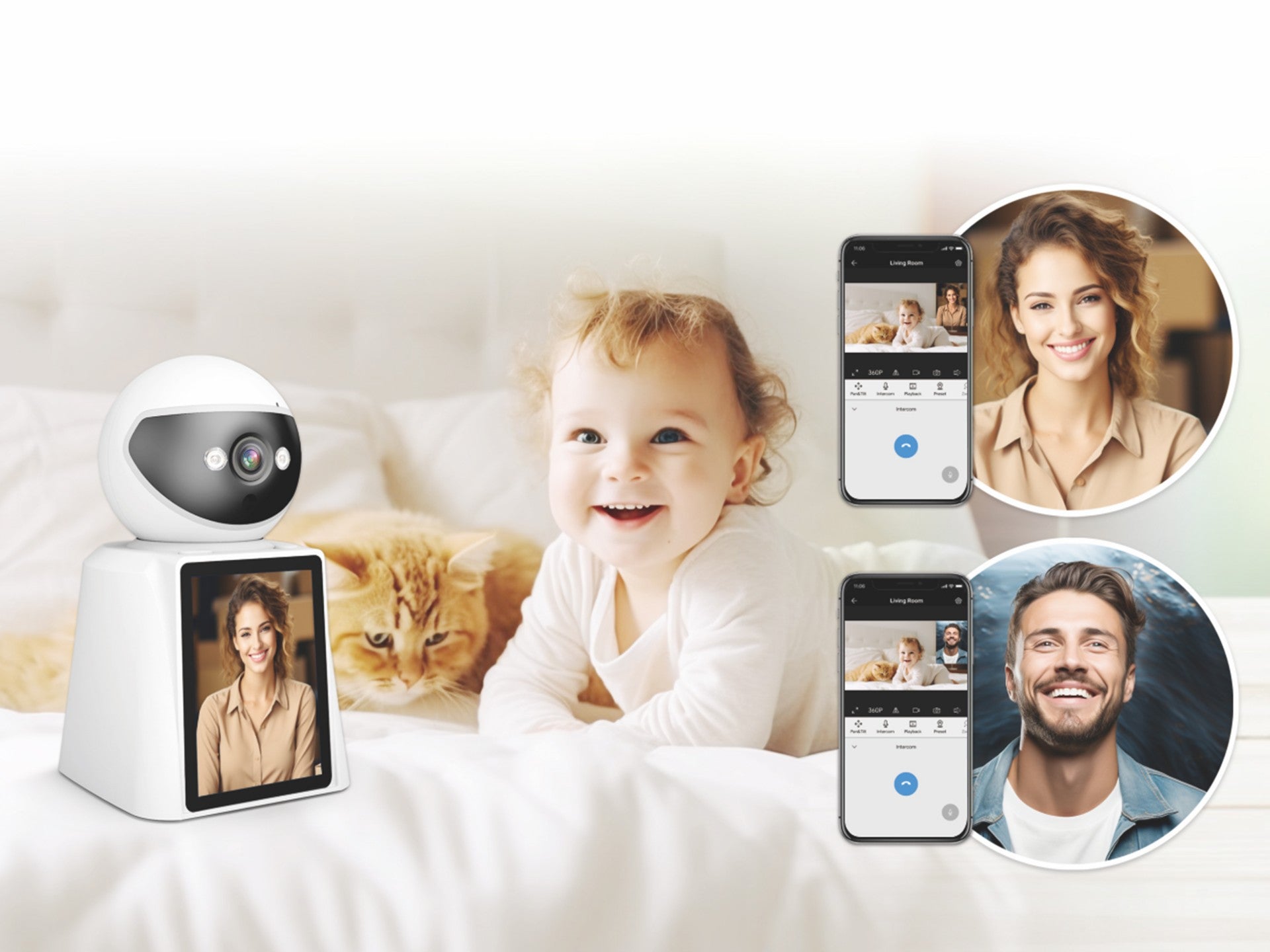 Techancy SH043 Smart Camera with Screen, 1080P, 360 Rotation, Night Vision, Two-Way Voice and Video Calls, WiFi Connection, Human Detection - White