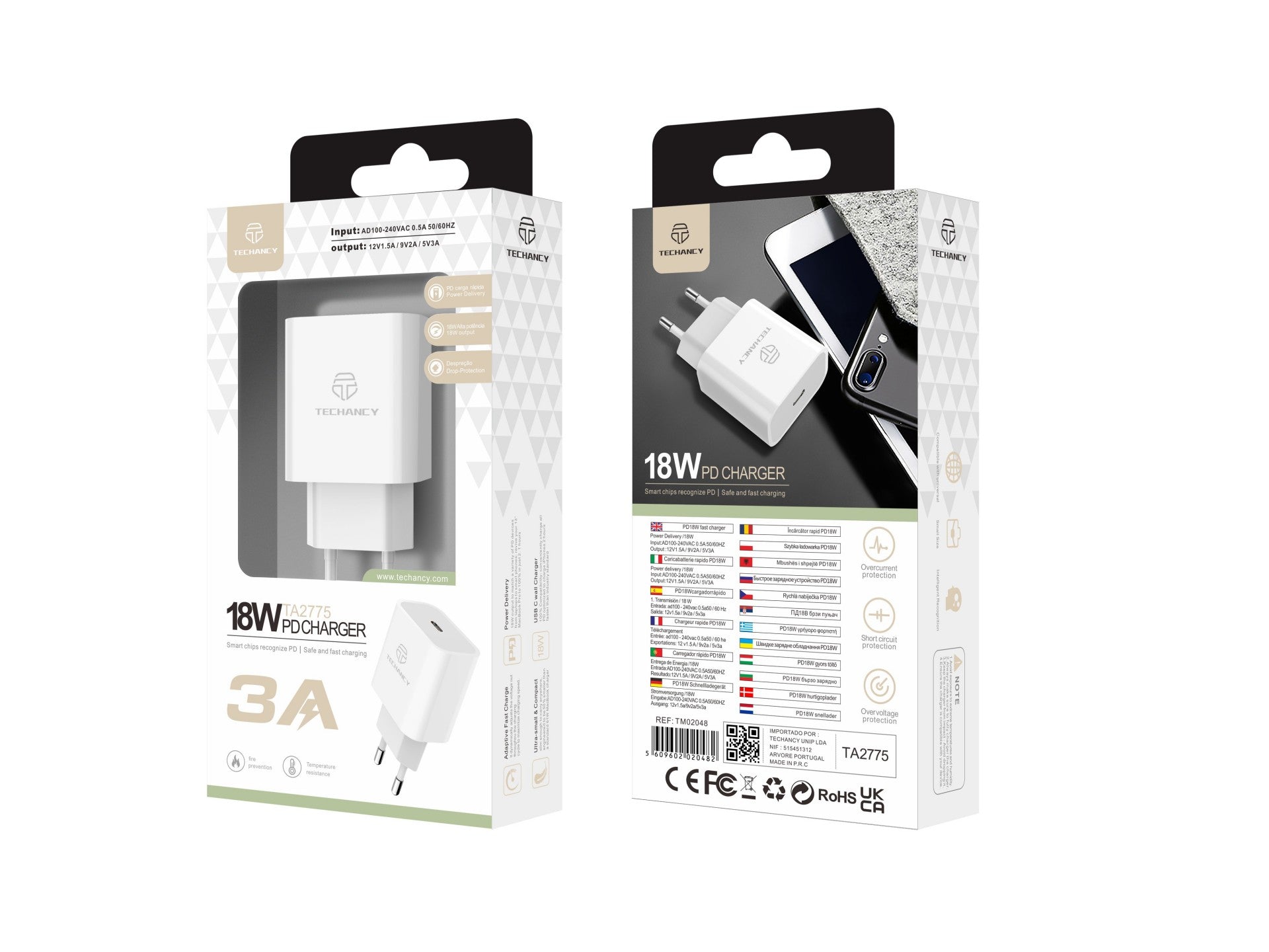 Techancy Carregador Pd 18w TA2775, Carregamento Rápido De 3A, Compacto E Portátil, Adequado Para Muitos Dispositivos