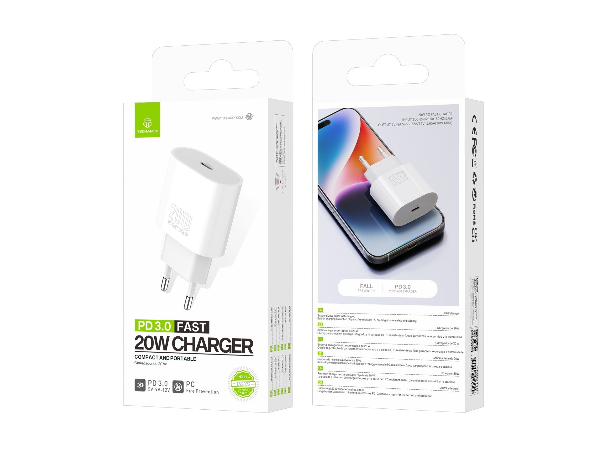 Techancy Carregador TA2823 PD3.0 20W USB-C Adaptador de Carga Rapida Compativel com iPhone Samsung Huawei e Outros Dispositivos
