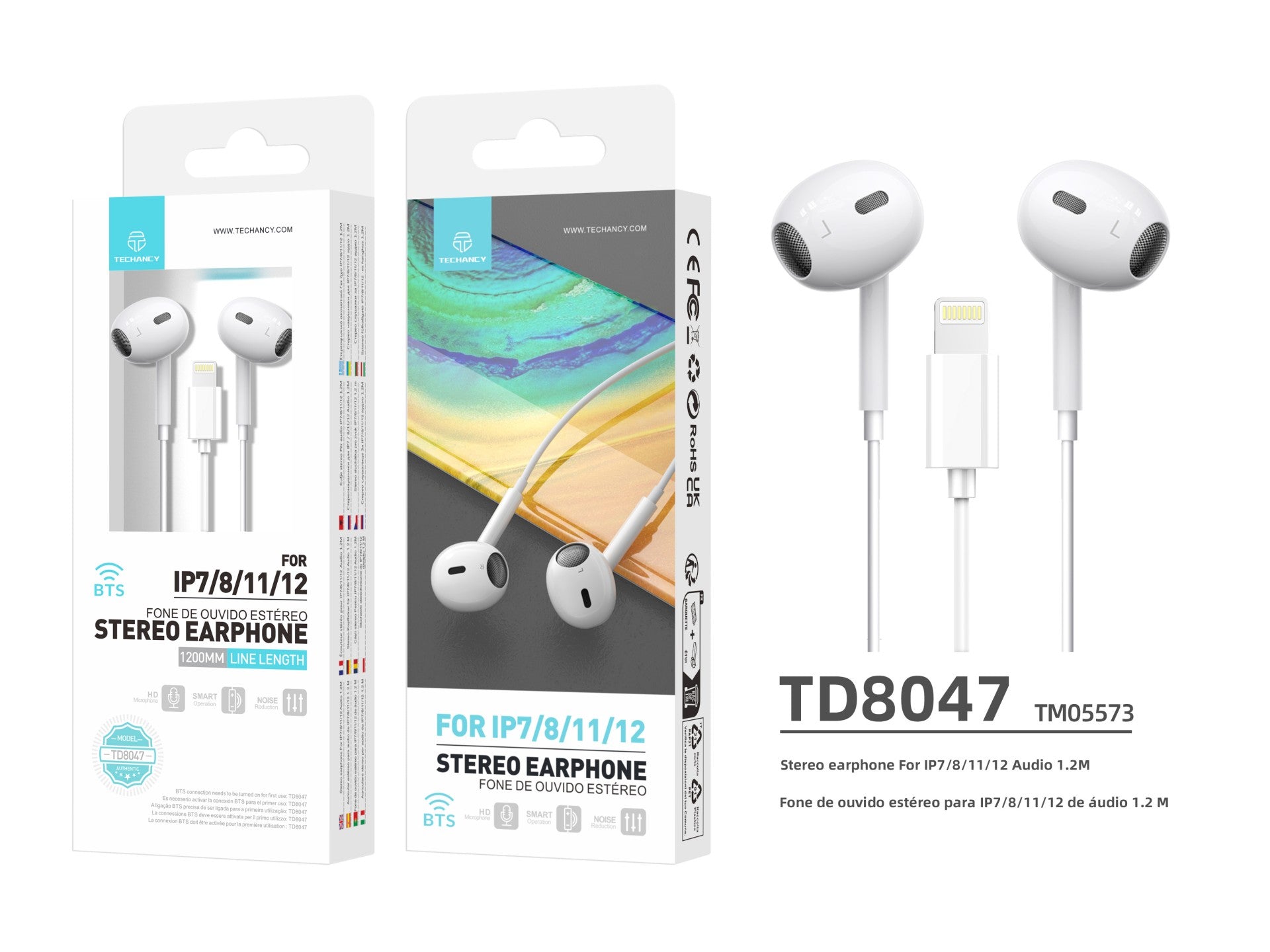 Techancy Lightning White Stereo Headset TD8047, with Microphone, Call Volume Control, Compatible with iPad/iPhone