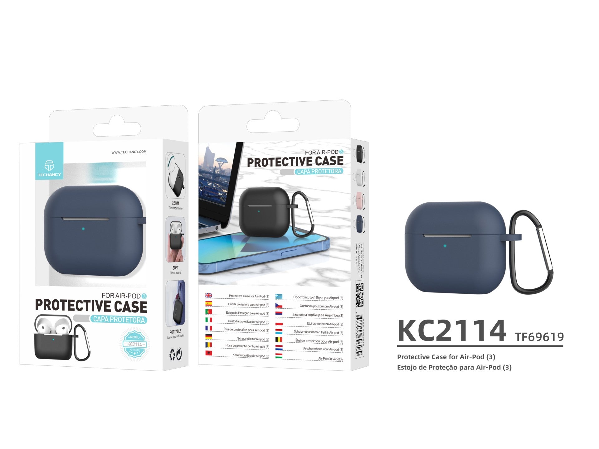 Techancy KC2114 silicone earphone case, compatible with 3rd generation AirPods, blue.