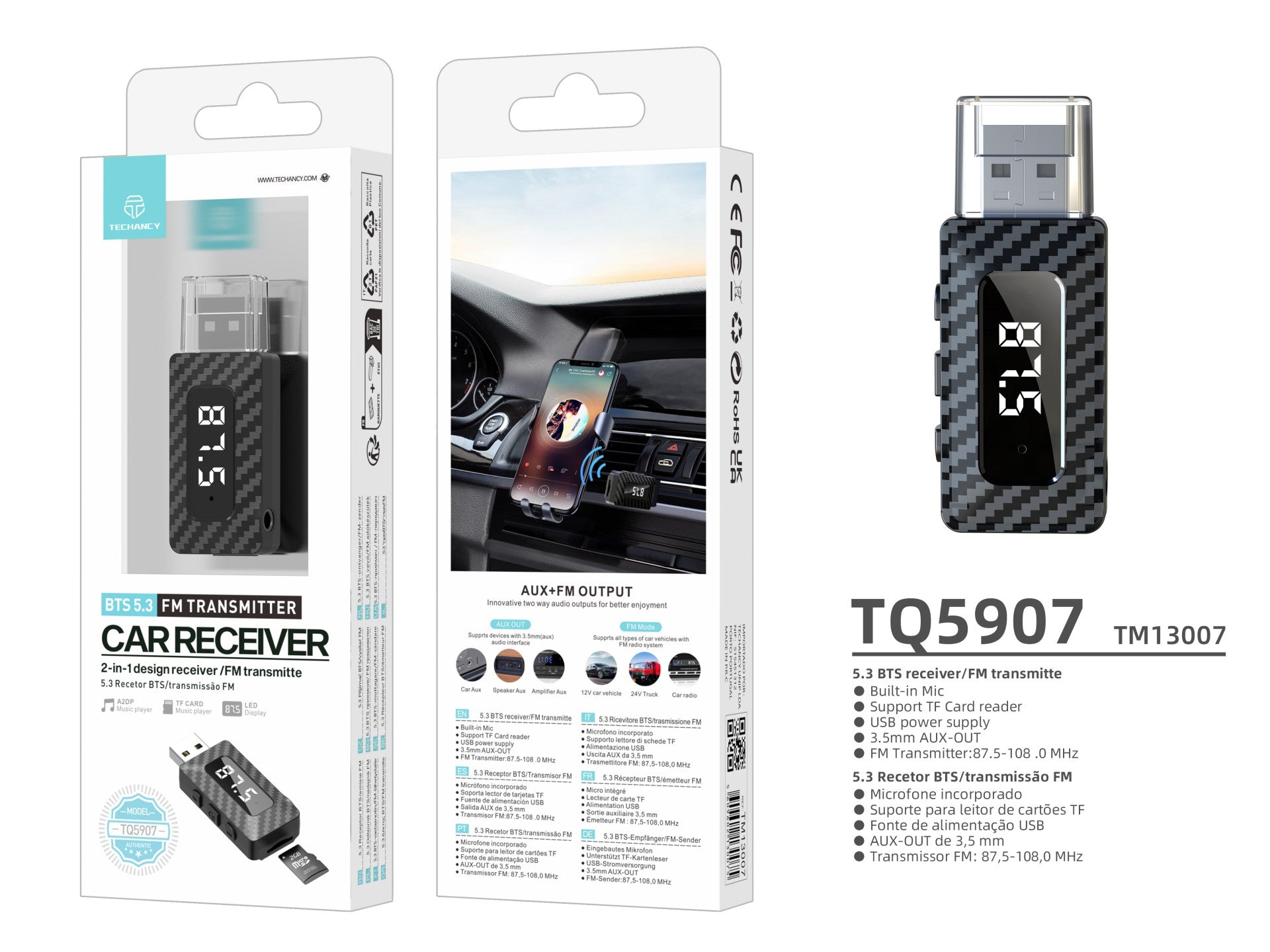 Techancy Bts 5.3 Fm Receiver/Transmitter Tq5907, Supports Tf Card Reading, Usb Power Supply, 3.5mm Aux Output.