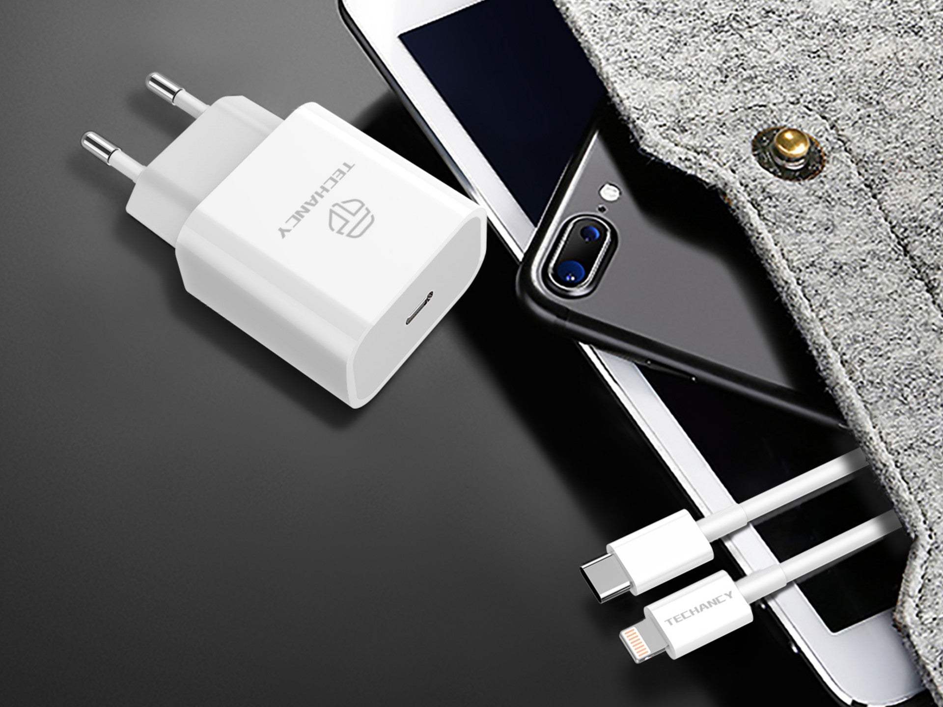 Cargador PD Techancy TA2785 de 18 W, cable USB-C a Lightning, carga rápida de 3 A, compacto y portátil.