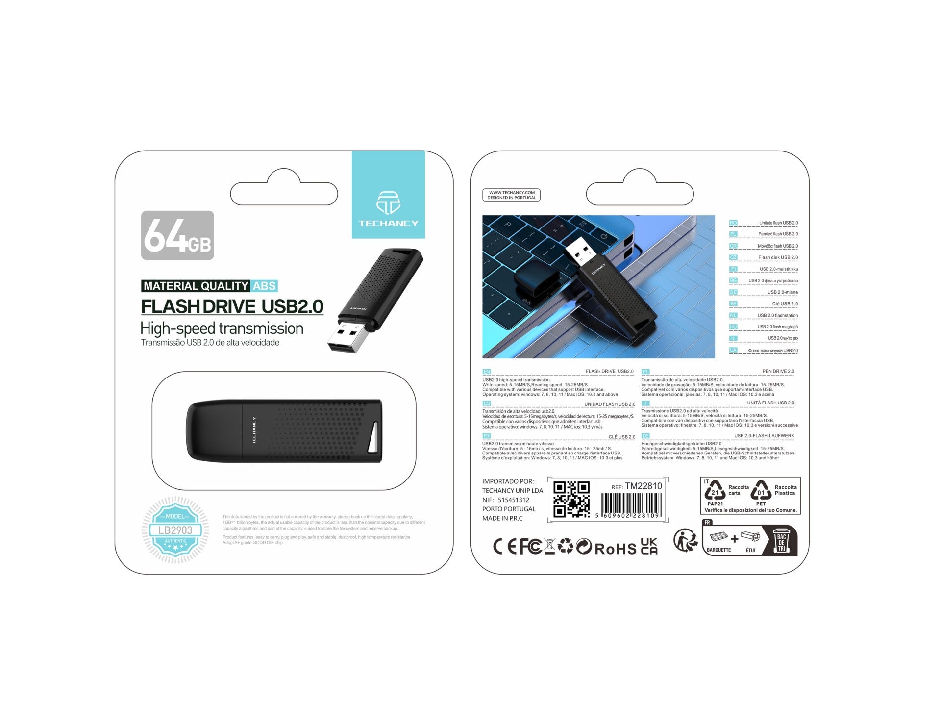 Techancy USB Flash Drive 64GB Preto LB2903, Usb 2.0, Compatível com PC/Mobile/Mac, Armazenamento seguro de ficheiros