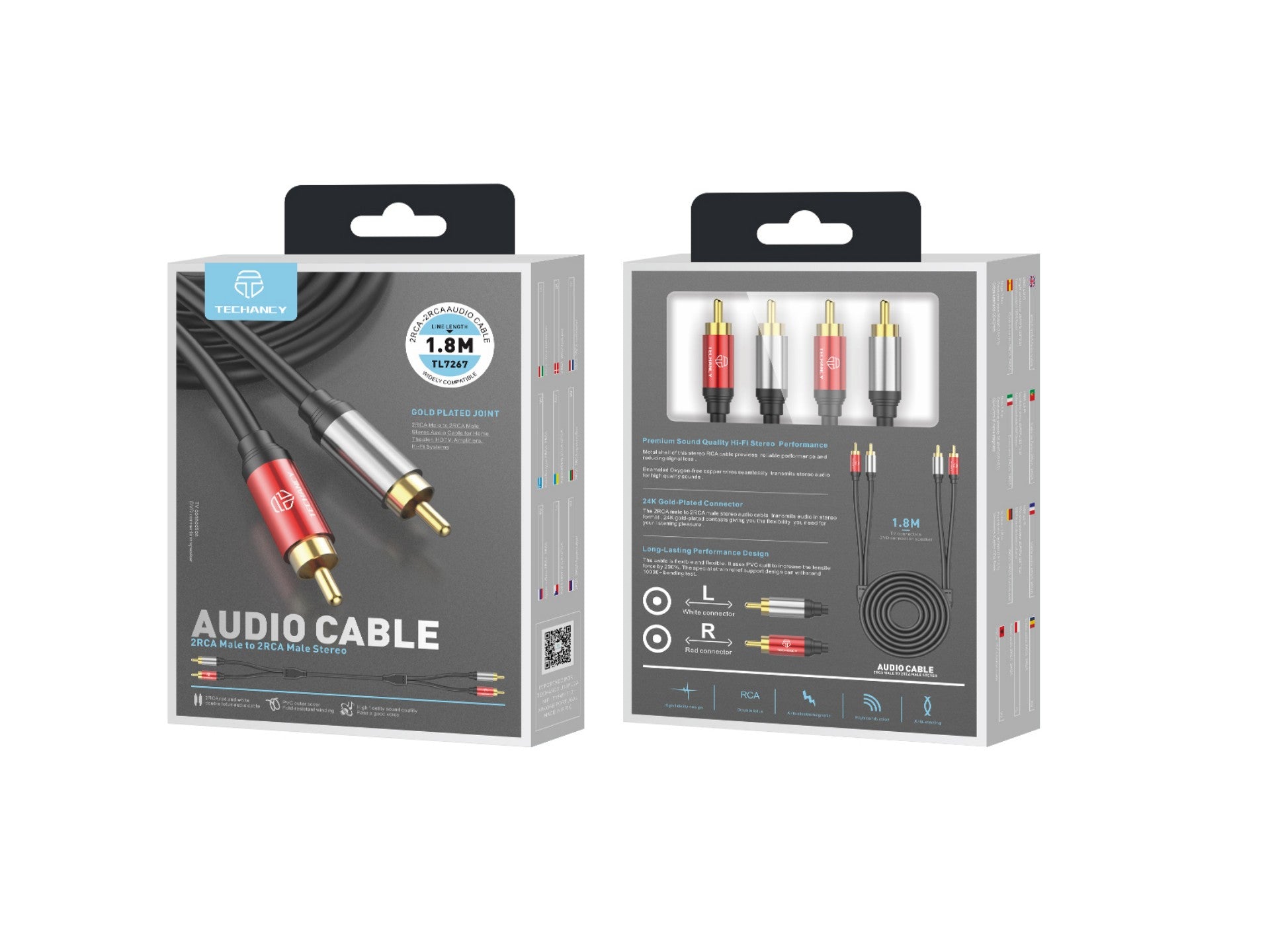Cabo de áudio Techancy 2RCA para 2RCA 1,8 m, TL7267, preto
