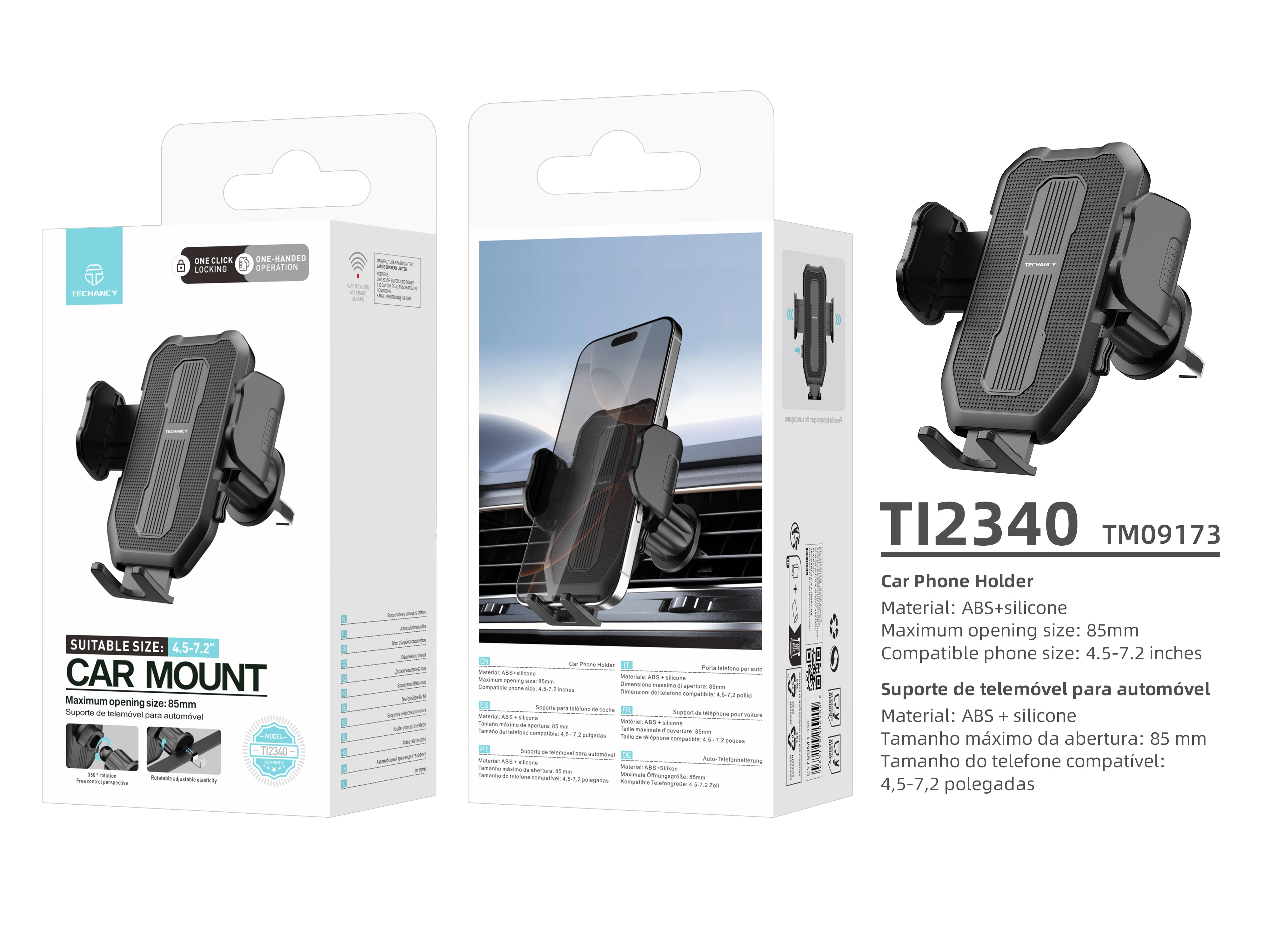 Techancy suporte de telemovel para carro TI2340 Operacao com uma mao Compativel com 4.5-7.2 pol Preto