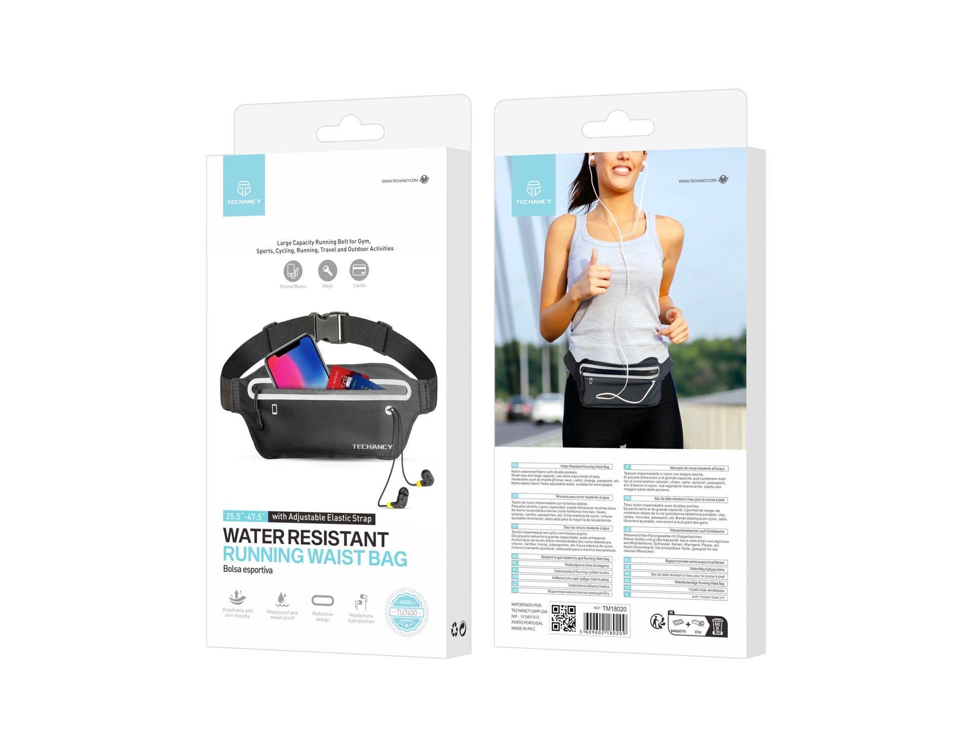 Riñonera deportiva Techancy TU7450, cintura elástica ajustable, funda para teléfono de gran capacidad, color negro
