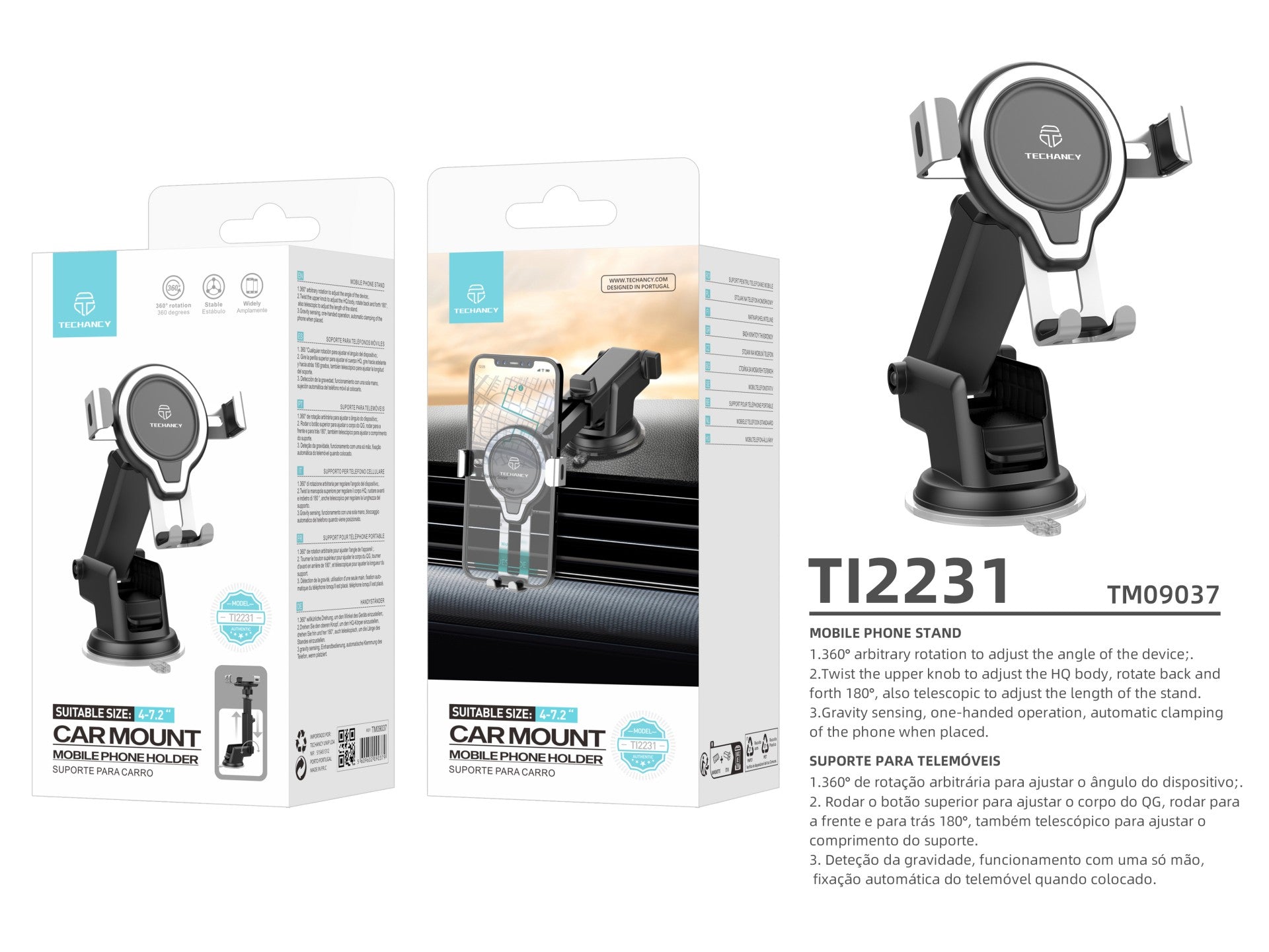 Techancy Ti2231 Car Phone Holder, Adjustable Suction Cup Base, Telescopic Length, 360 Rotation