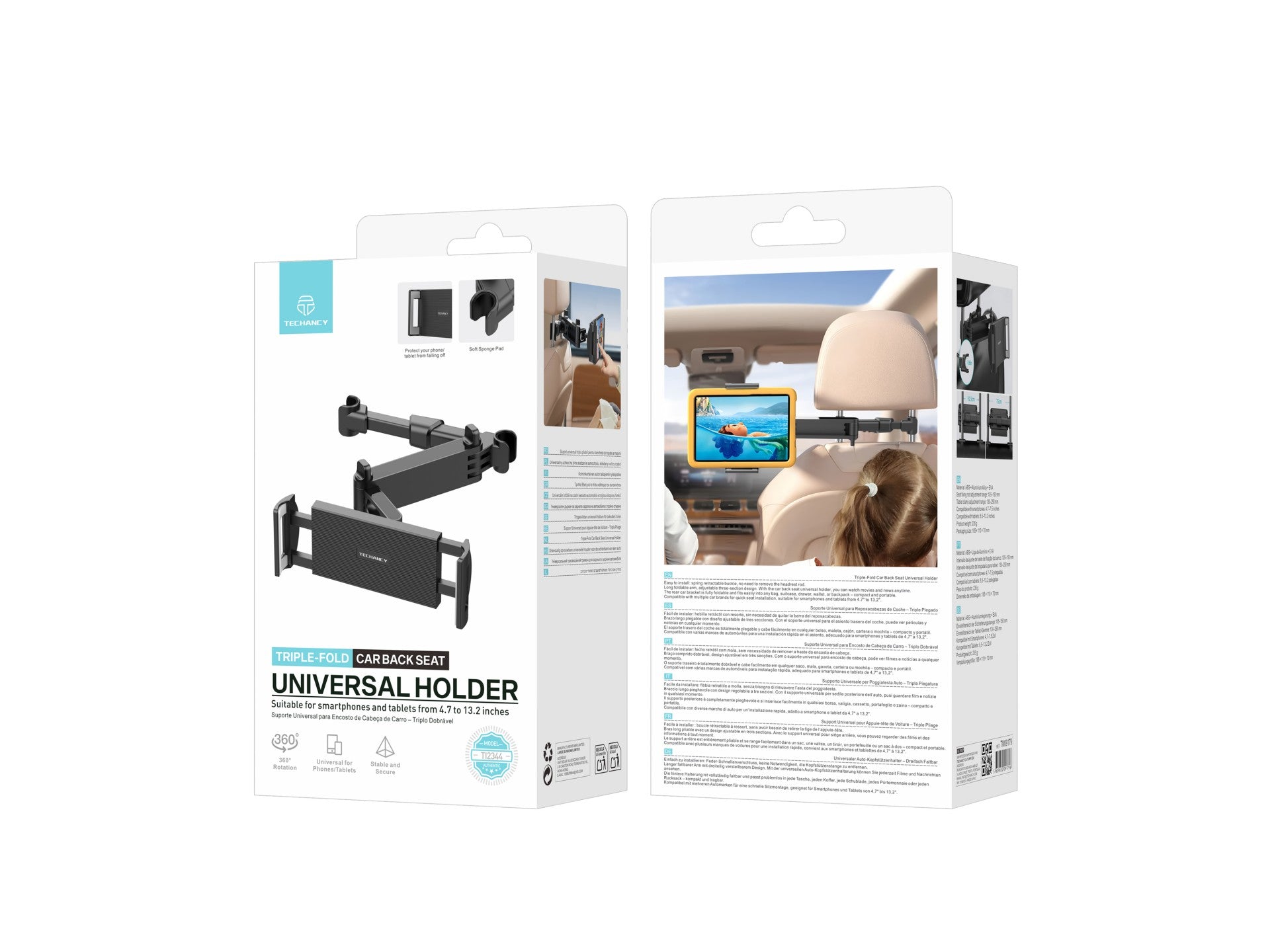 Techancy TI2344 Triple Folding Car Rear Mount with 360° Rotation, Adjustable, Stable, Compatible with 4.7 to 13.2 inch Cars, Black Color