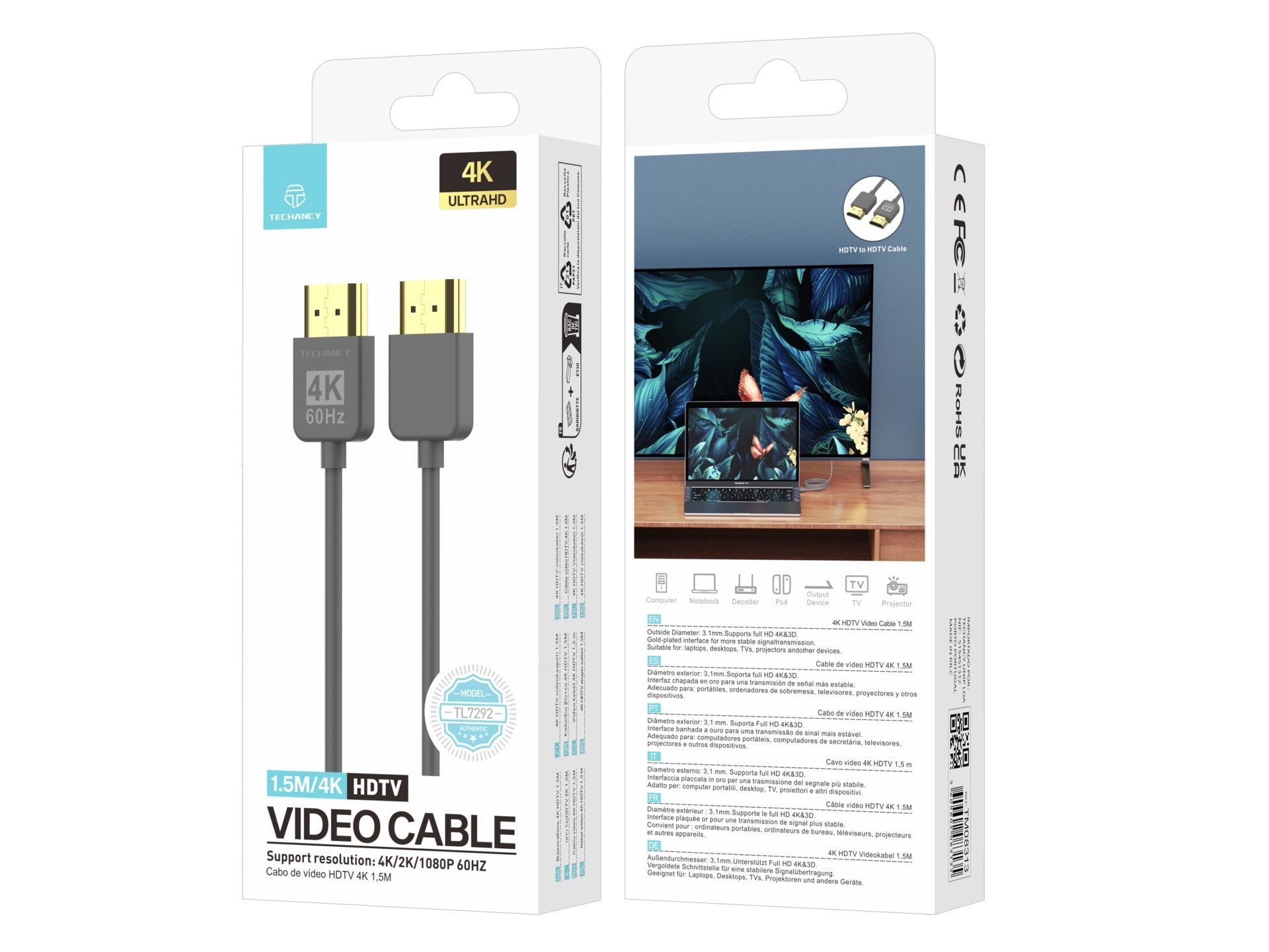 Cable de video HDMI 4K Techancy TL7292, 1,5 m, gris, compatible con 4K a 60 Hz, ideal para computadoras, televisores y proyectores