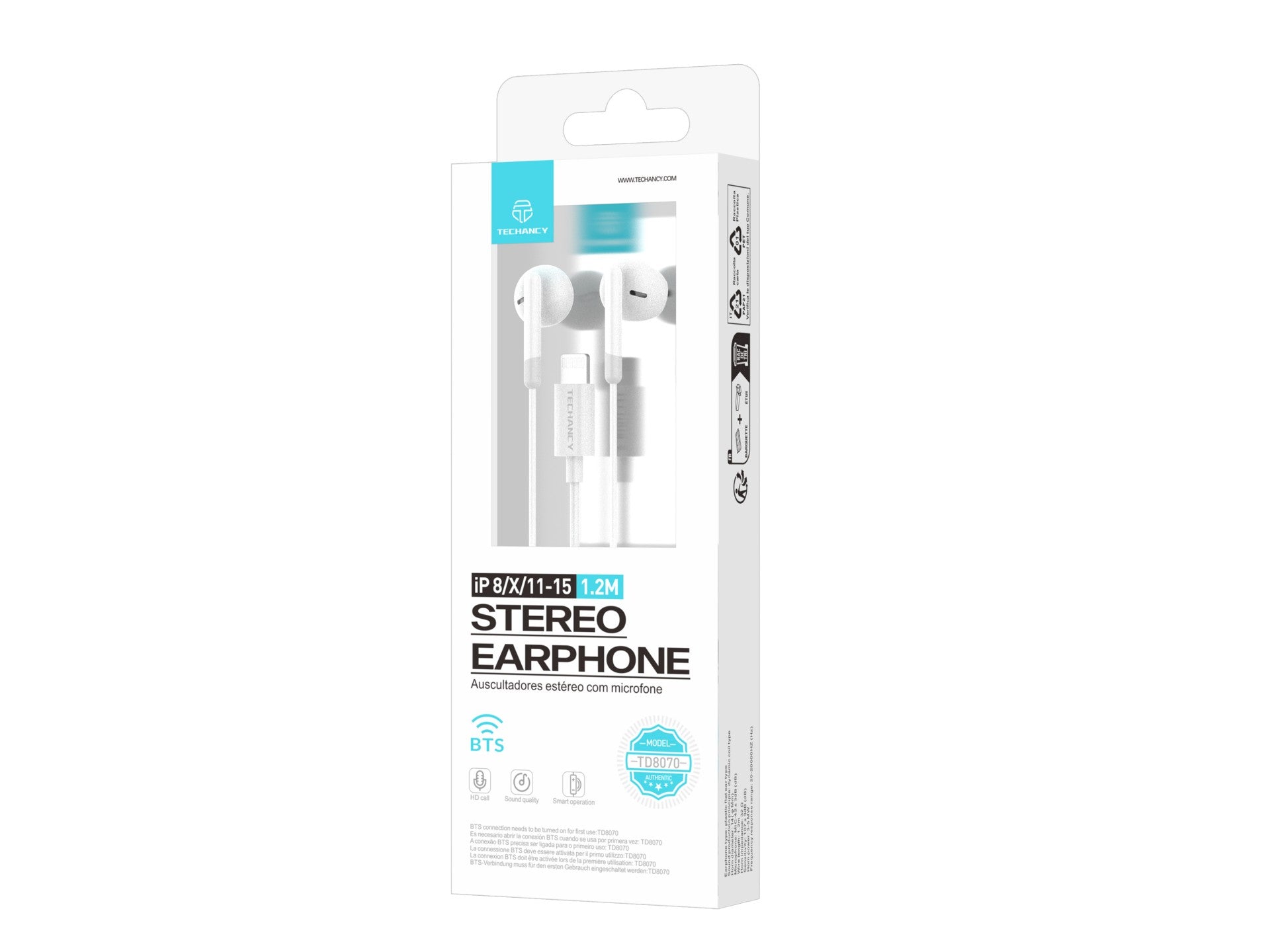 Auriculares estéreo Techancy TD8070 blancos, función de conversación, conector Lightning, compatibles con iPhone/iPad