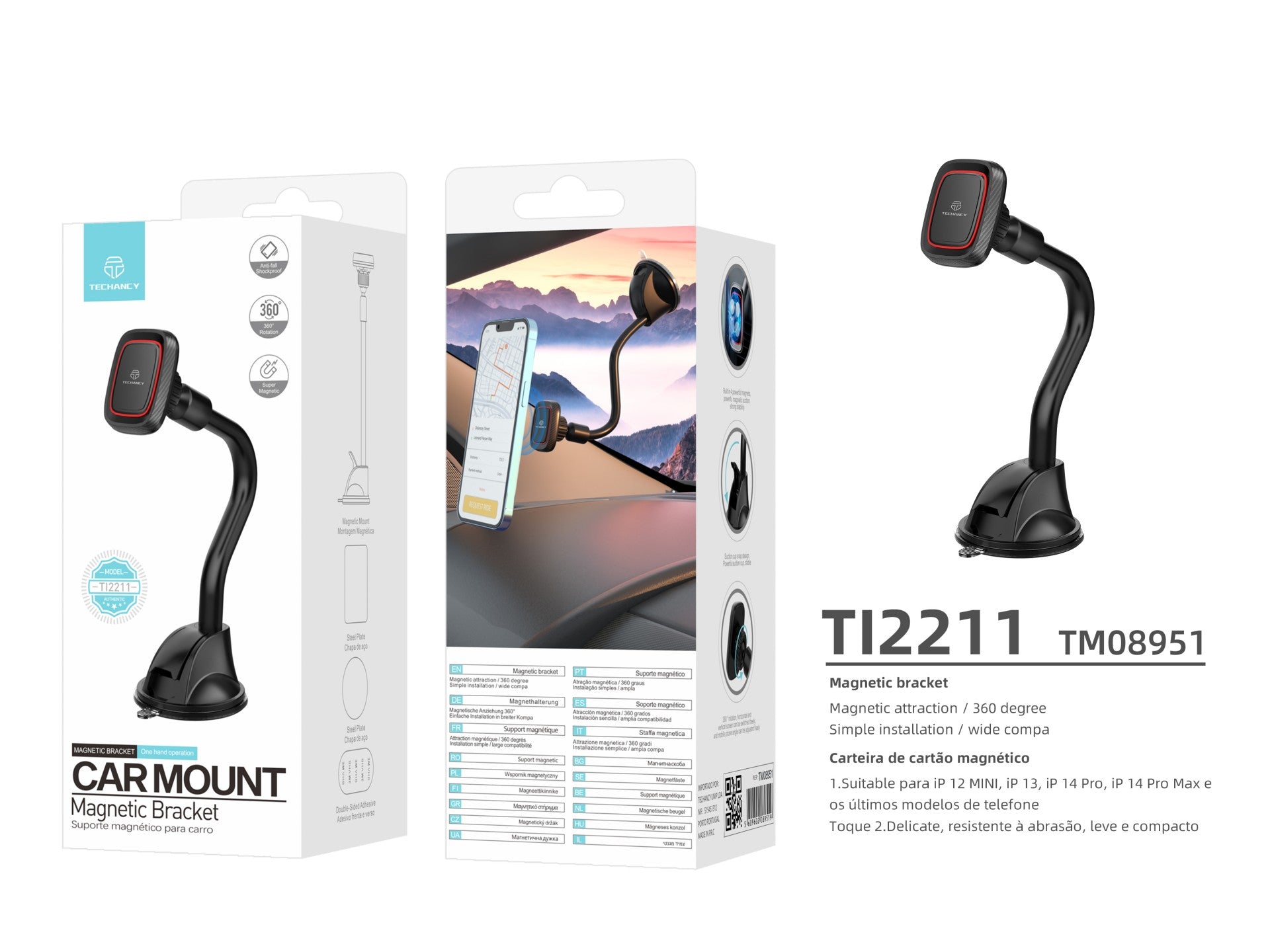 Techancy Suporte Magnético Para Telemóvel No Automóvel, Preto E Vermelho Ti2211, Forte Adsorção Magnética, Rotação De 360 Graus.