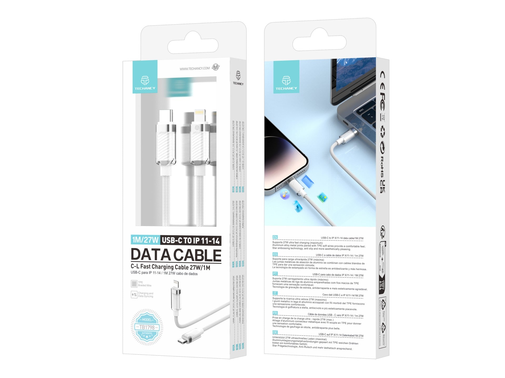 Techancy Cabo Usb-C Para Ip 11-14 Cabo De Dados 1m/27w Branco TB1798, Compatível Com Iphone/Ipad Carregamento Rápido E Dados