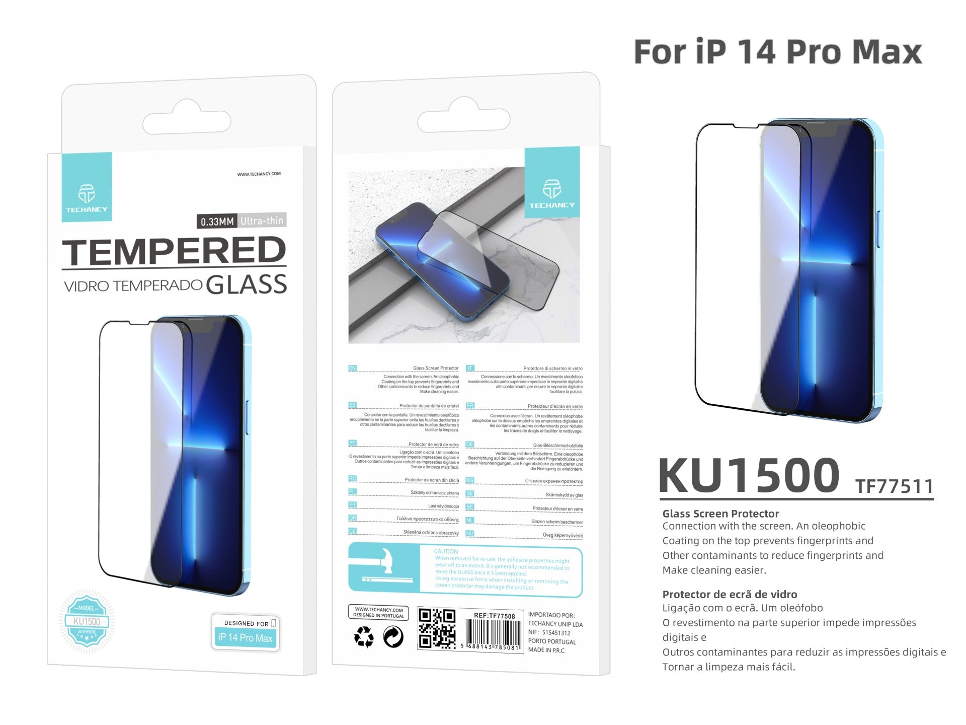 Techancy Premium Smartphone Screen Protector, KU1500, 0.33mm Tempered Glass, Compatible with iPhone 14 Pro Max