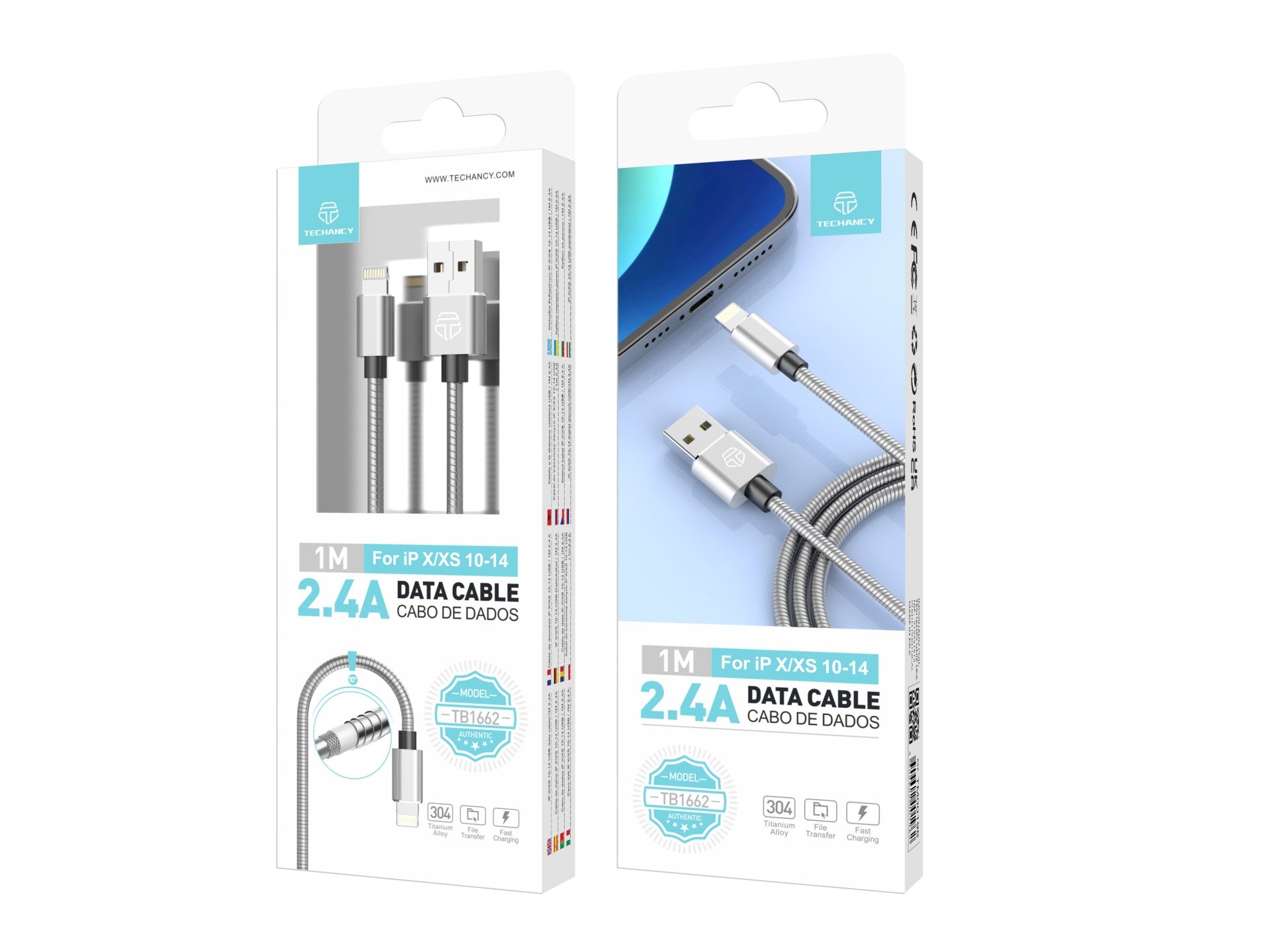 Cable de datos de aleación de aluminio Techancy de 1 m TB1662, diseño totalmente metálico, USB-Ip8/X/11-14, carga de 2,4 A.