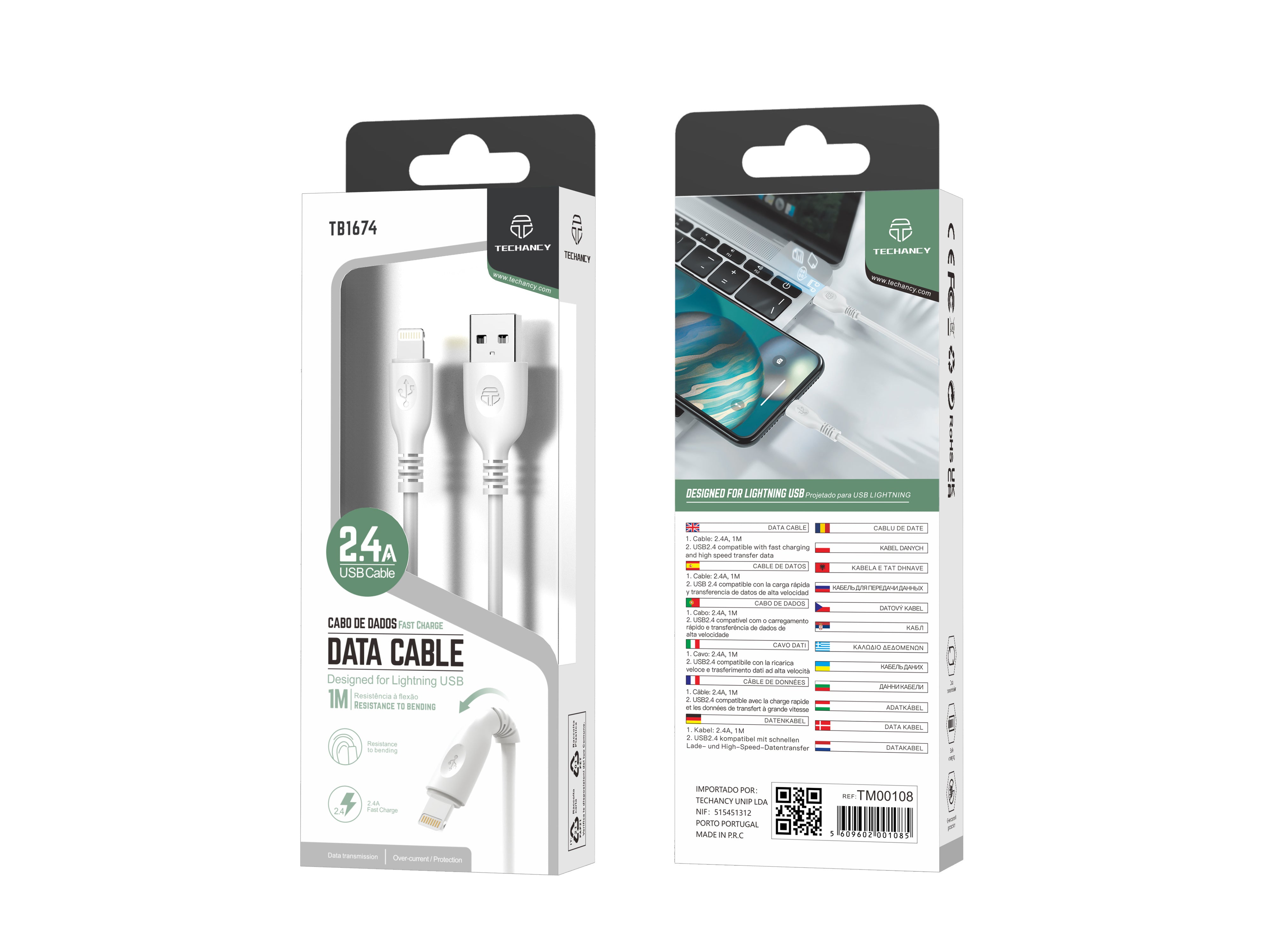 Techancy Cabo De Dados Usb-Tipo-c, TB1674 1M, Carregamento Rápido 2,4A, Transferência De Dados, Branco