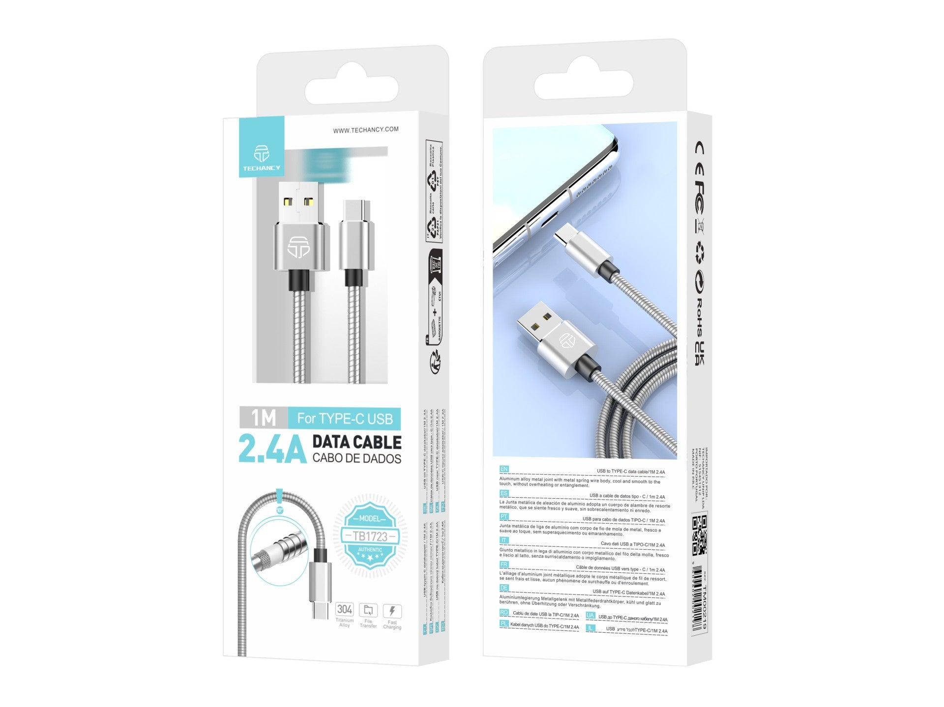 Techancy Cabo De Dados De Alumínio 1m TB1662, Design Totalmente Metálico, Usb-Tipo C, Carregamento De 2,4a.