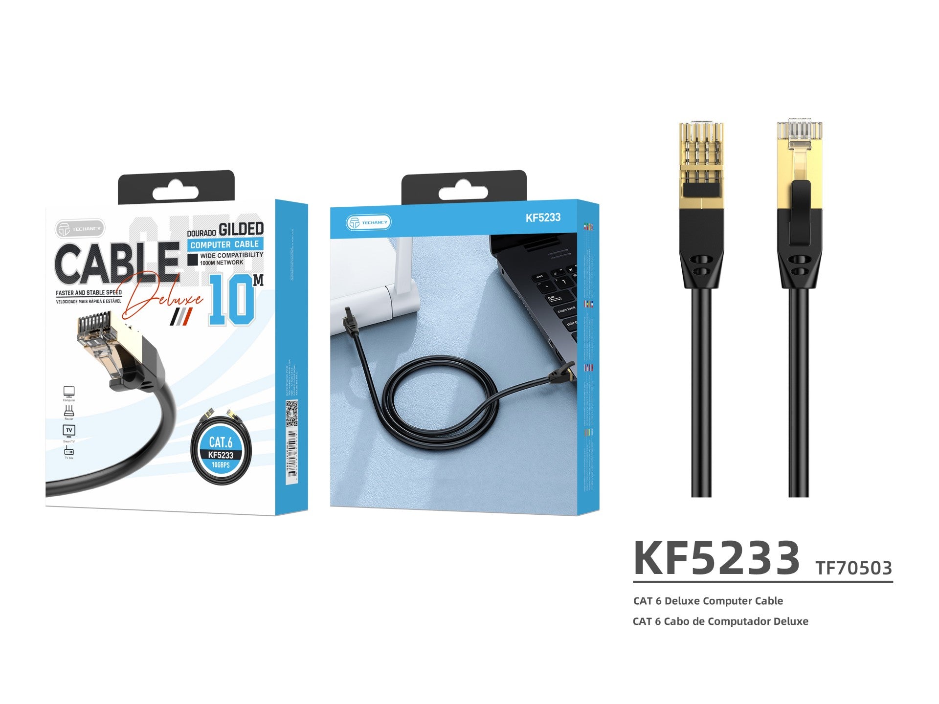 Cabo de rede Techancy CAT-6, KF5233, conector banhado a ouro RJ45, 10 metros, preto