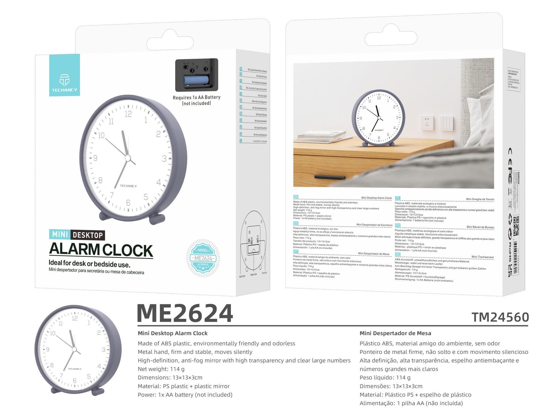 Techancy Mini ME2624 Silent Desk Alarm Clock, Large Numbers, Mirror, HD ABS Body, Portable for Bedroom and Desk, Gray Color