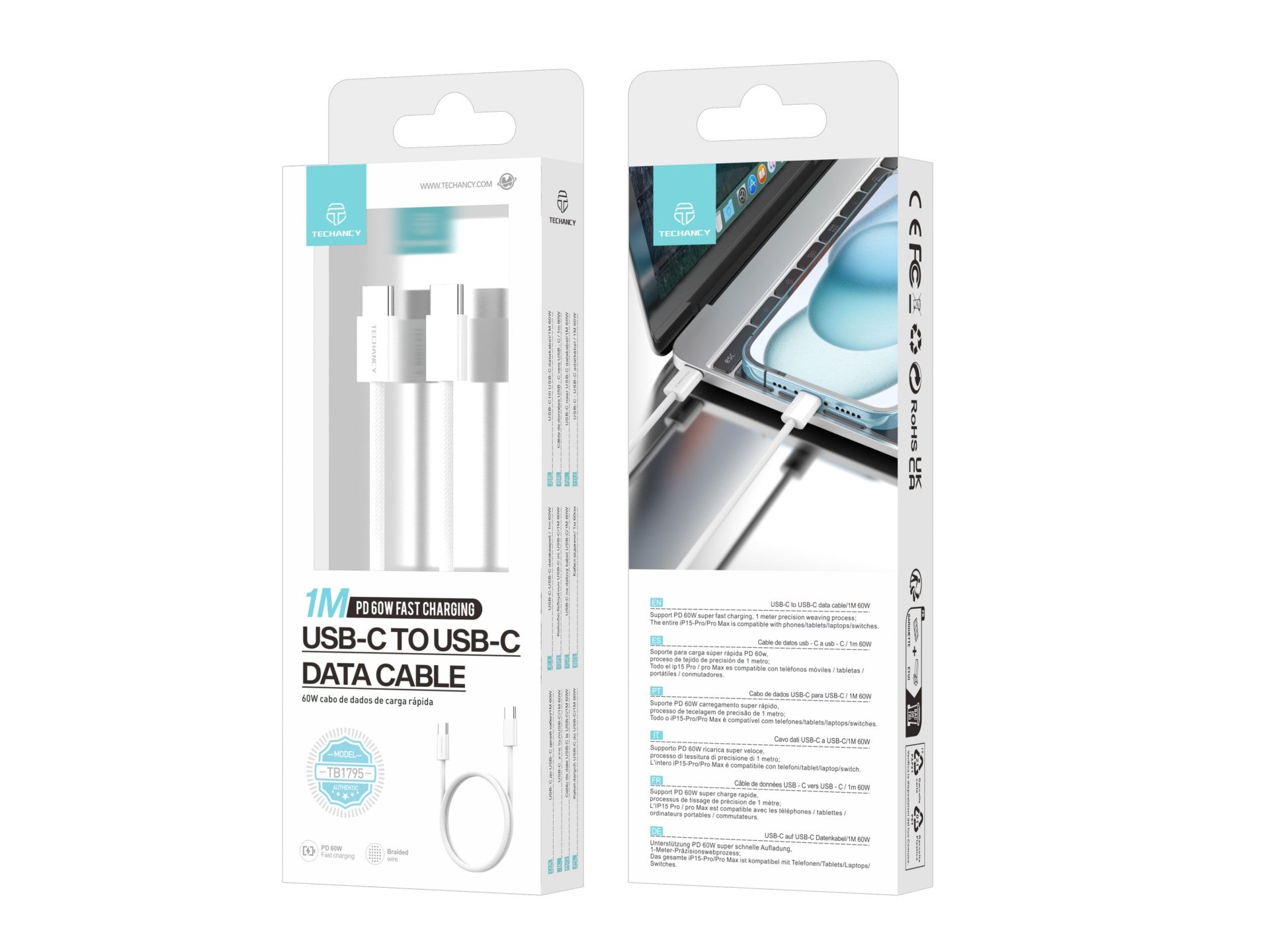 Techancy Cabo De Dados De Carregamento Rápido De 60 W Usb C Para Usb C TB1795, 1 M De Comprimento, Cabo Entrançado
