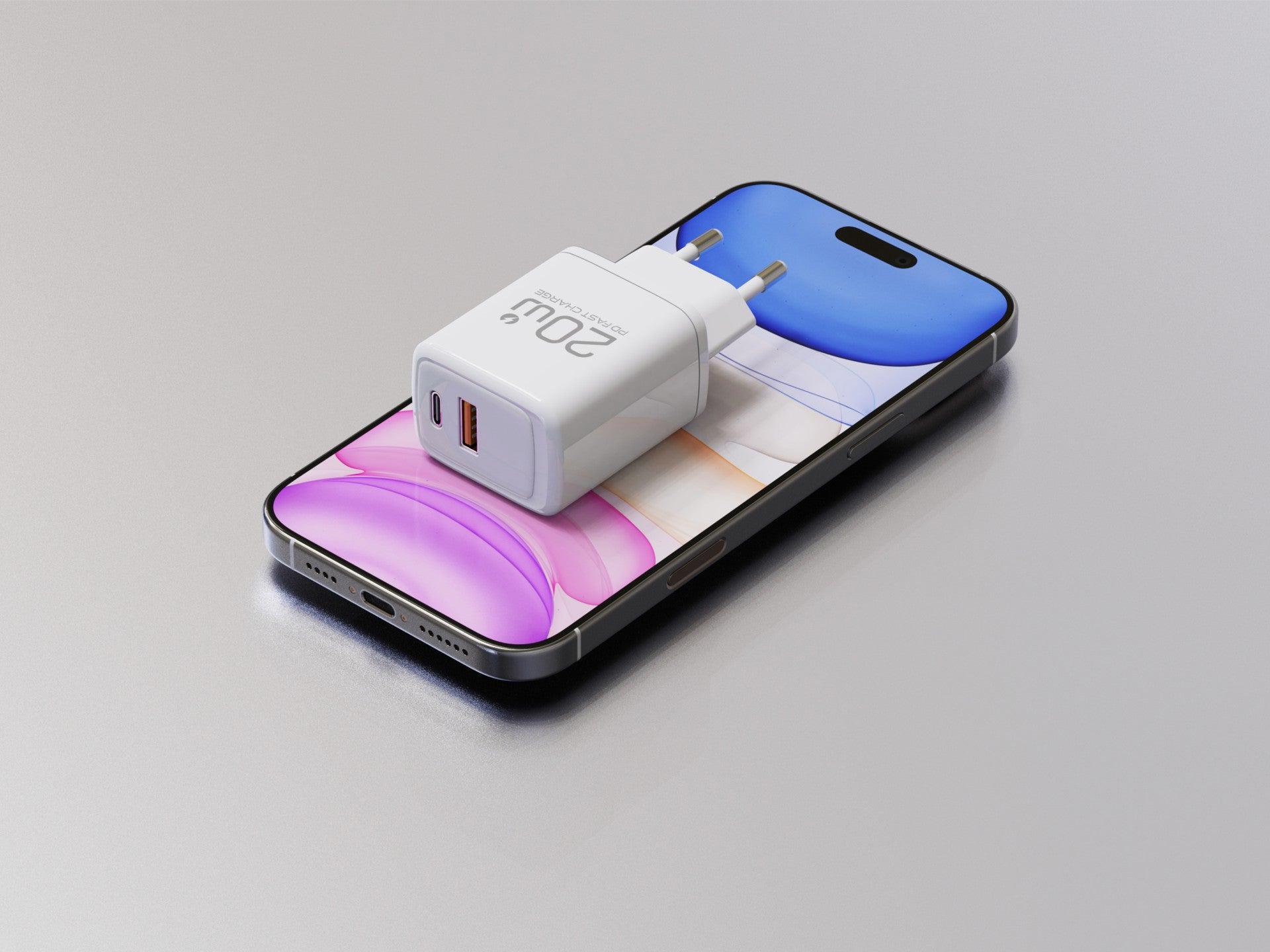 Cargador Techancy TA2825 PD3.0 de 20 W con dos puertos USB-C y USB-A, compatible con varios teléfonos móviles y tabletas.